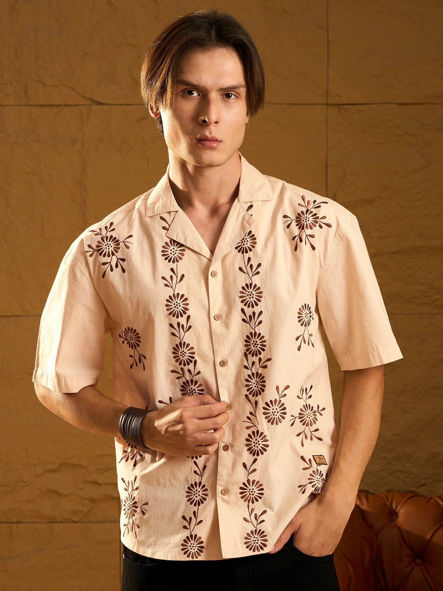 Beige: Half Sleeves Floral Embroidery Shirt