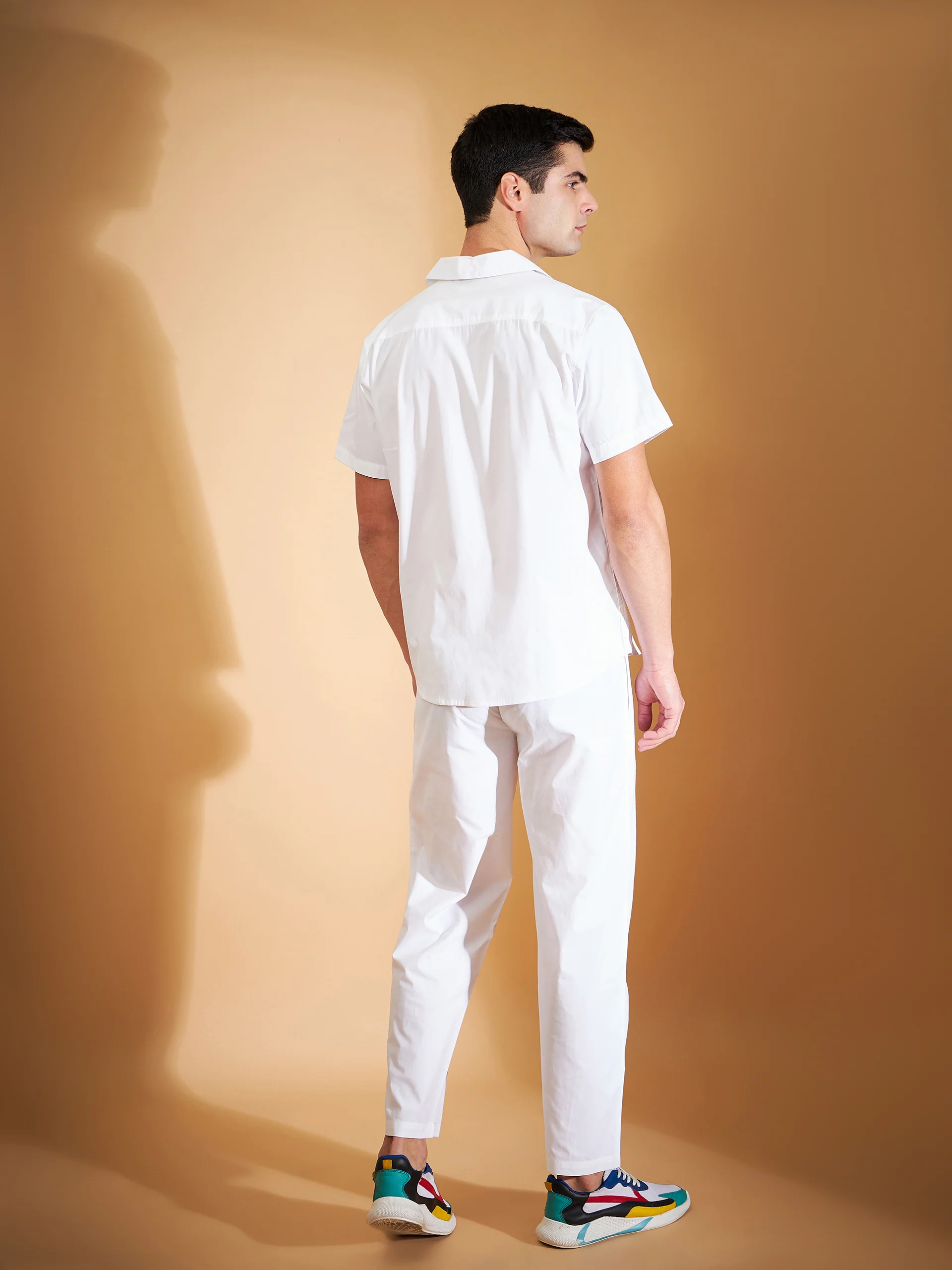 DENNISON Men White Coord Set | Solid Shirt With Straight Fit Pant