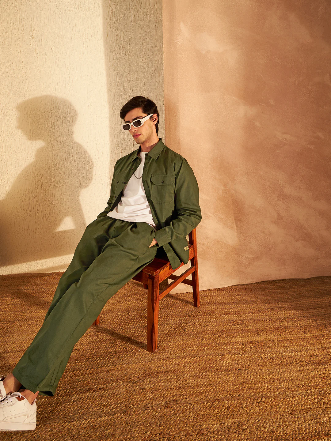 DENNISON Men Olive Coord Set | Solid Shirt With Straight Fit Pant