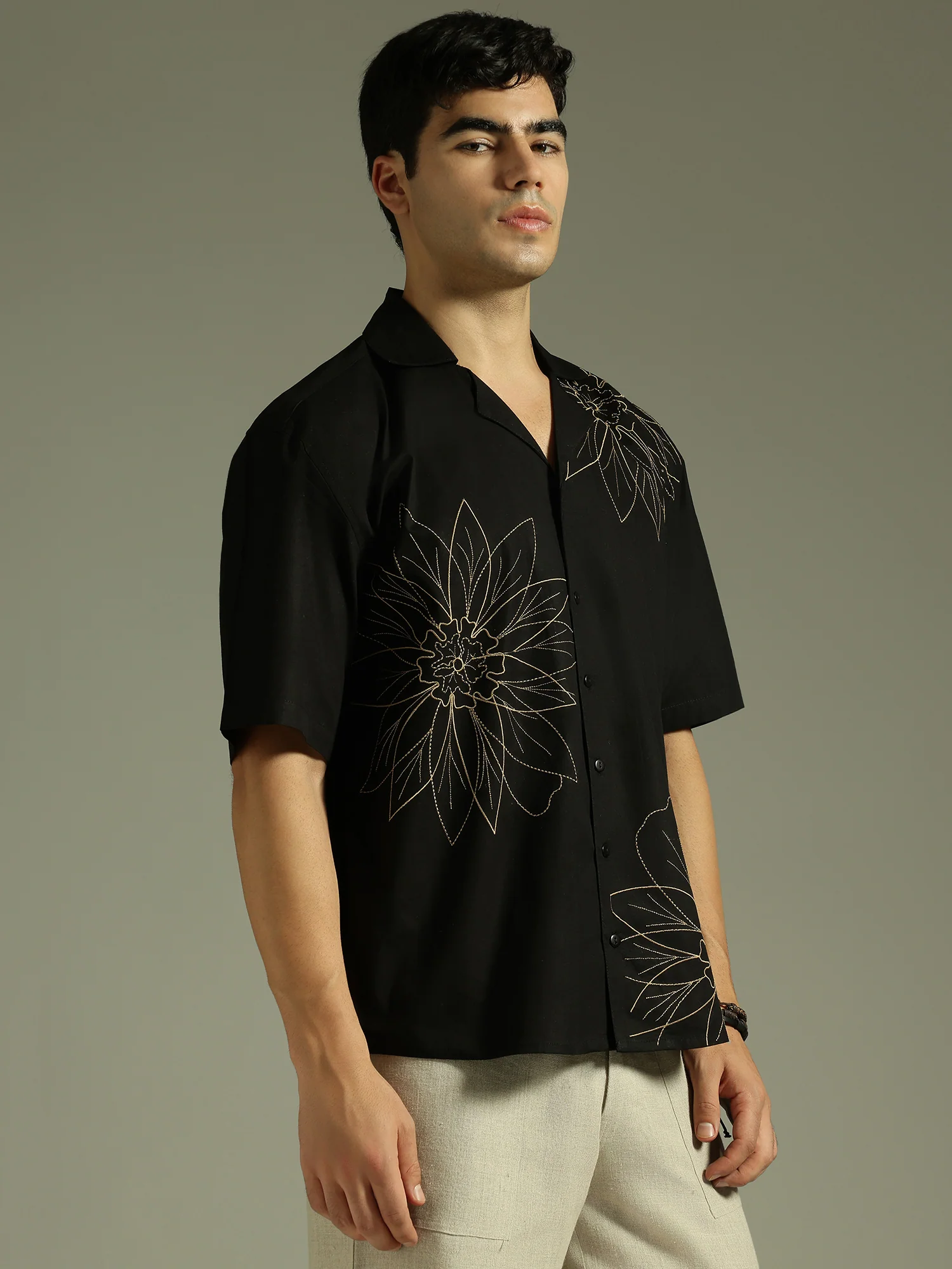 Black: Embroidered Drop Shoulder Oversized Shirt