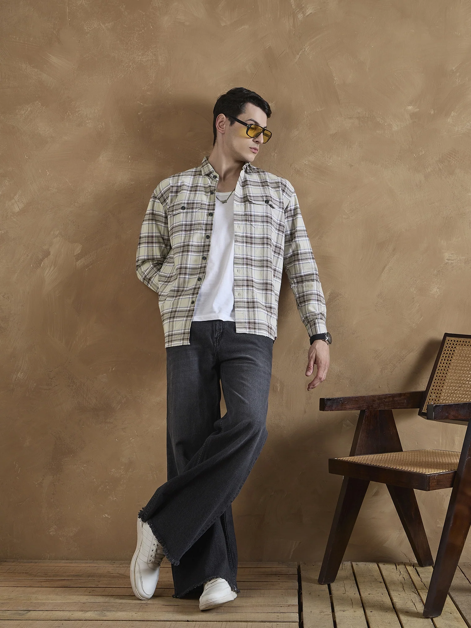 Cream & Brown: Full Sleeves Double Pocket Checkered Shirt