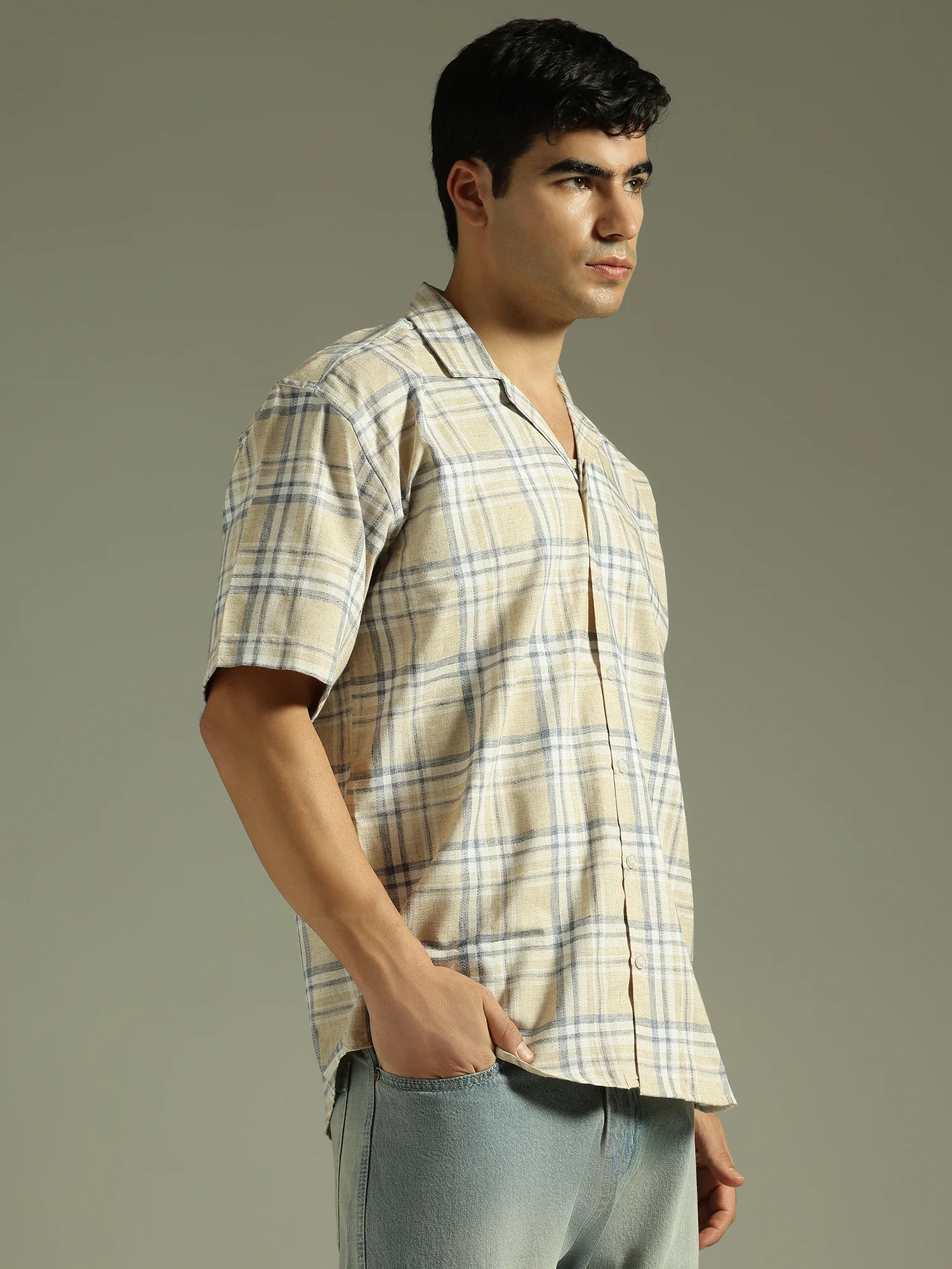 Beige & Blue: Half Sleeves Windowpane Checks Shirt