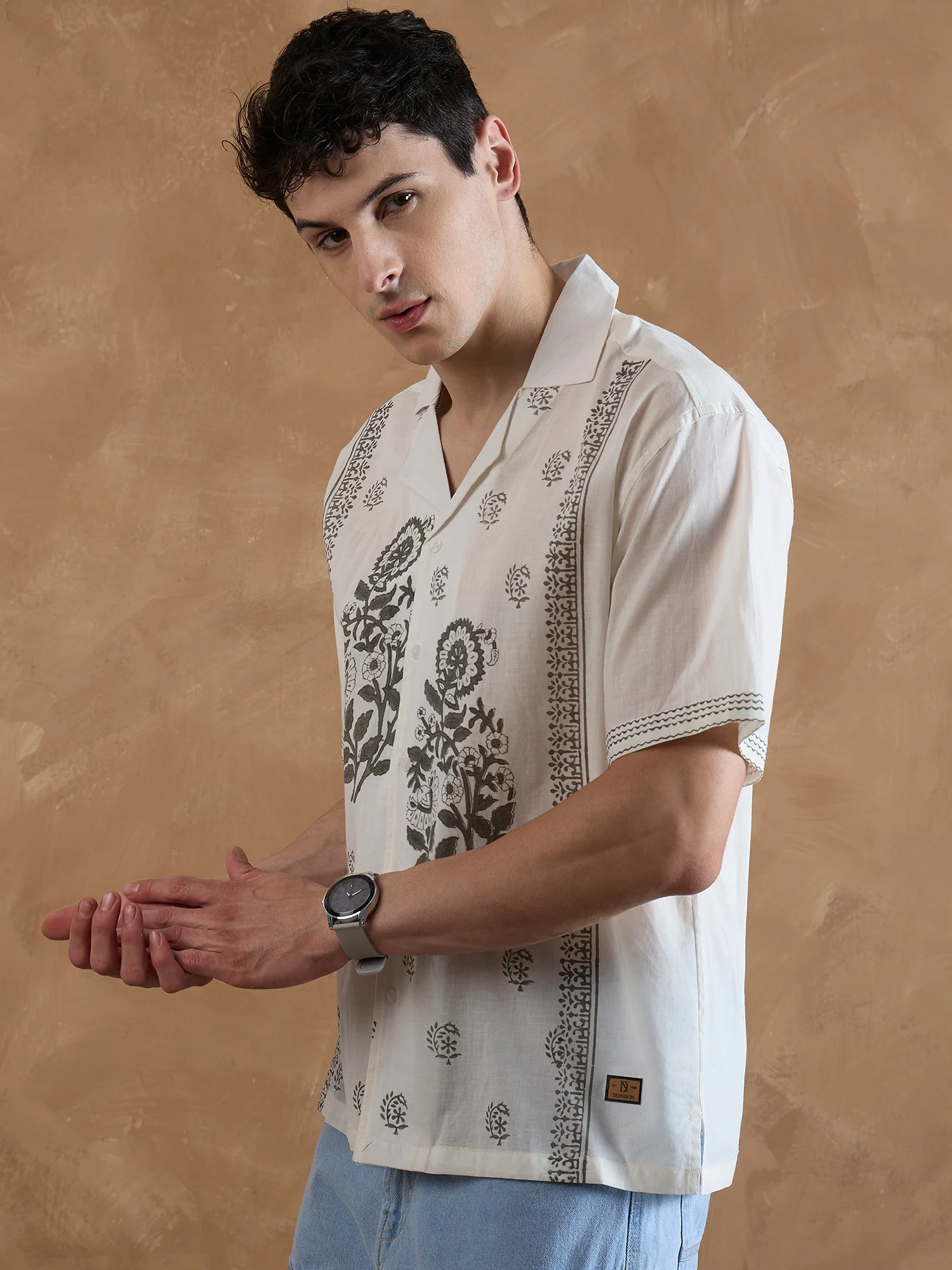 Off White & Grey: Half Sleeves Hand Block Printed Shirt