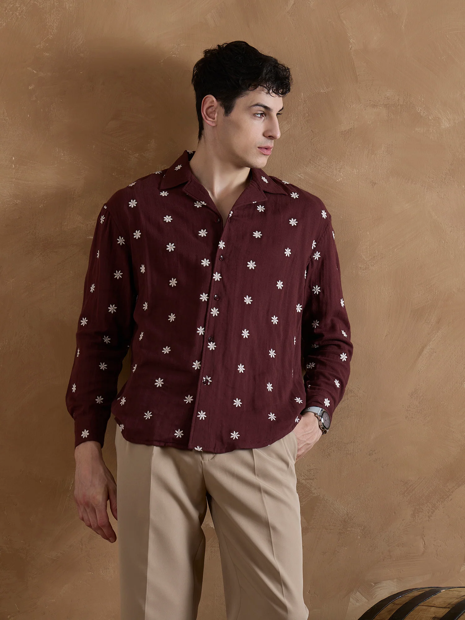 Maroon: Full Sleeves Muslin Embroidered Shirt