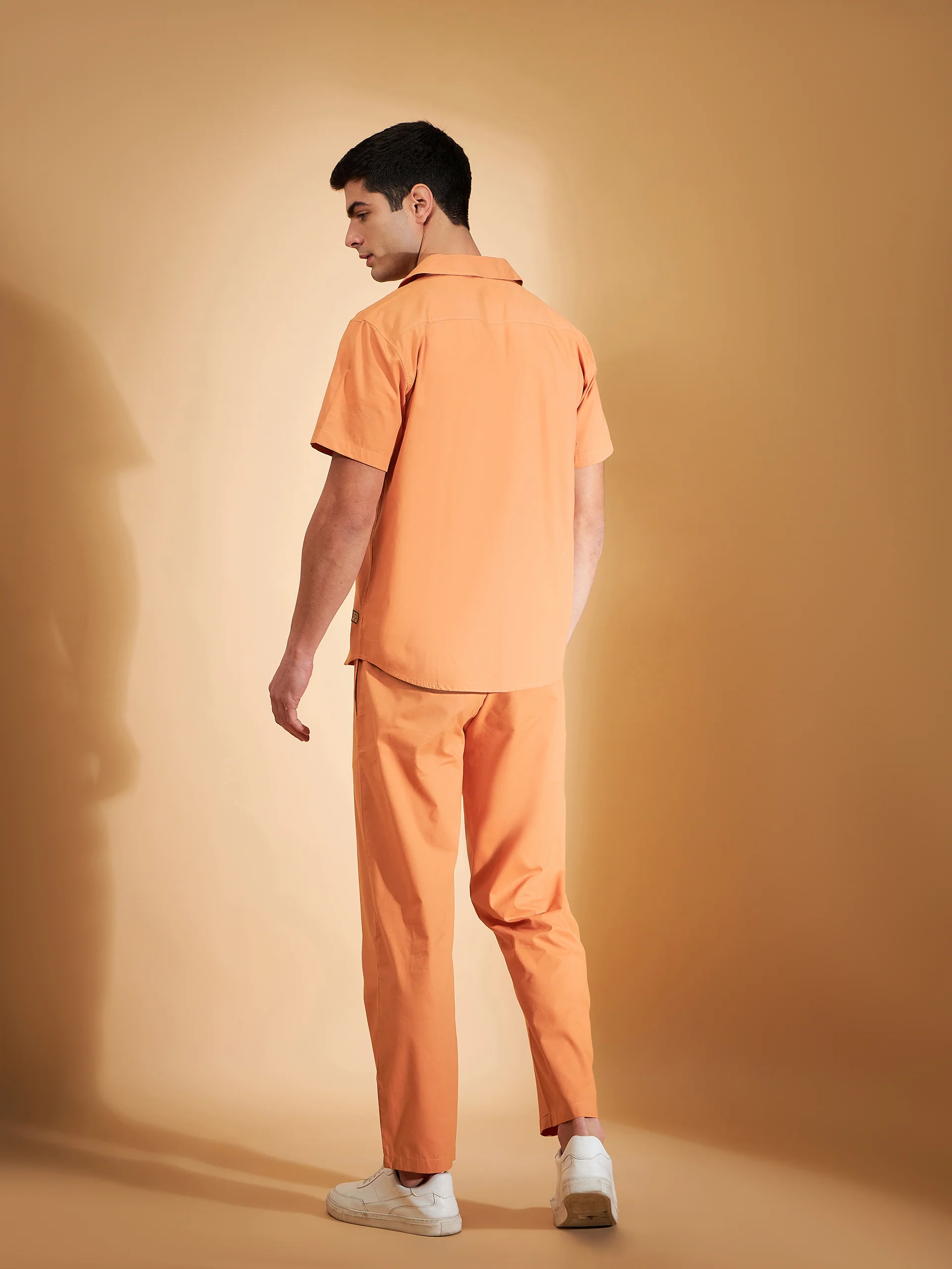 DENNISON Men Orange Coord Set | Solid Shirt With Straight Fit Pant