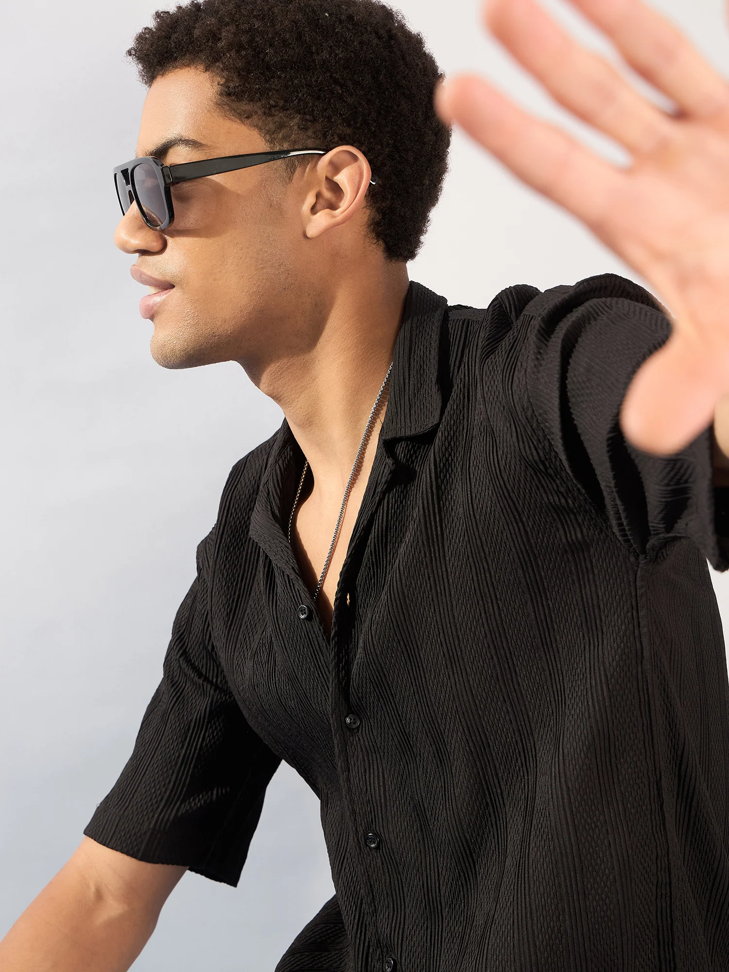Black: Self Design Oversized Casual Shirt