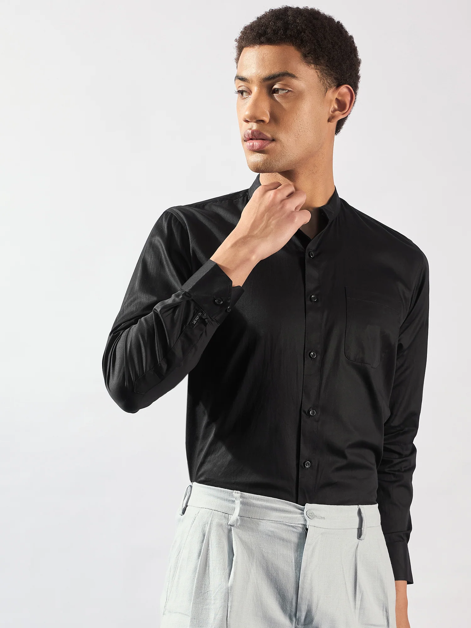 Black Mandarin Collar Cotton Casual Shirt
