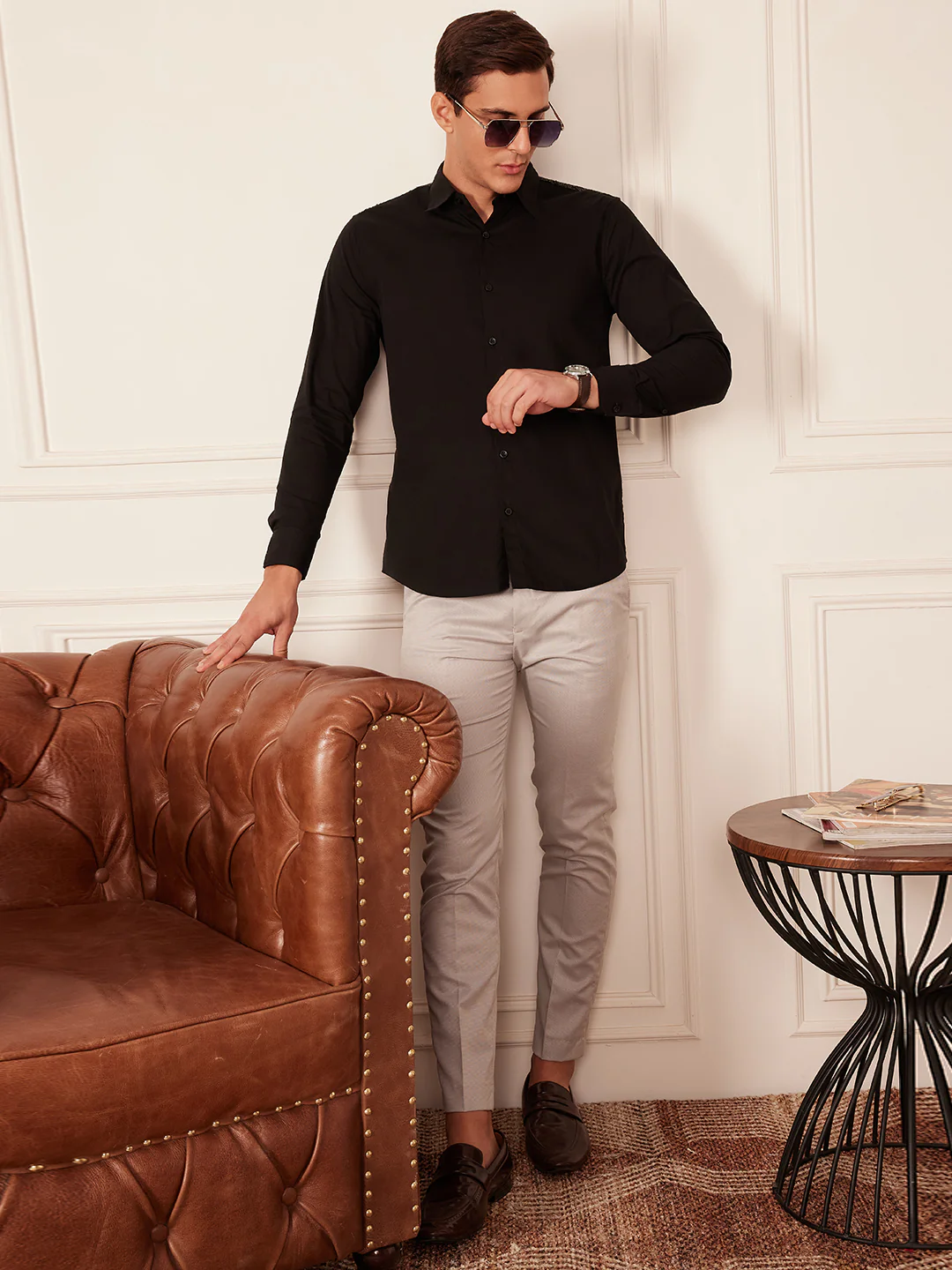 Black: Full Sleeves Seqinned Shoulder Party Shirt