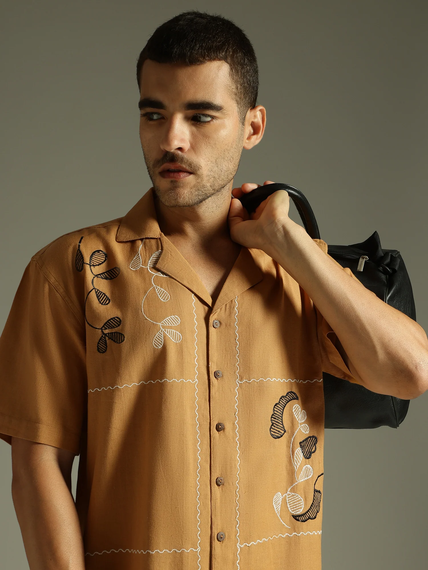Mustard & White: Embroidered Drop Shoulder Oversized Shirt