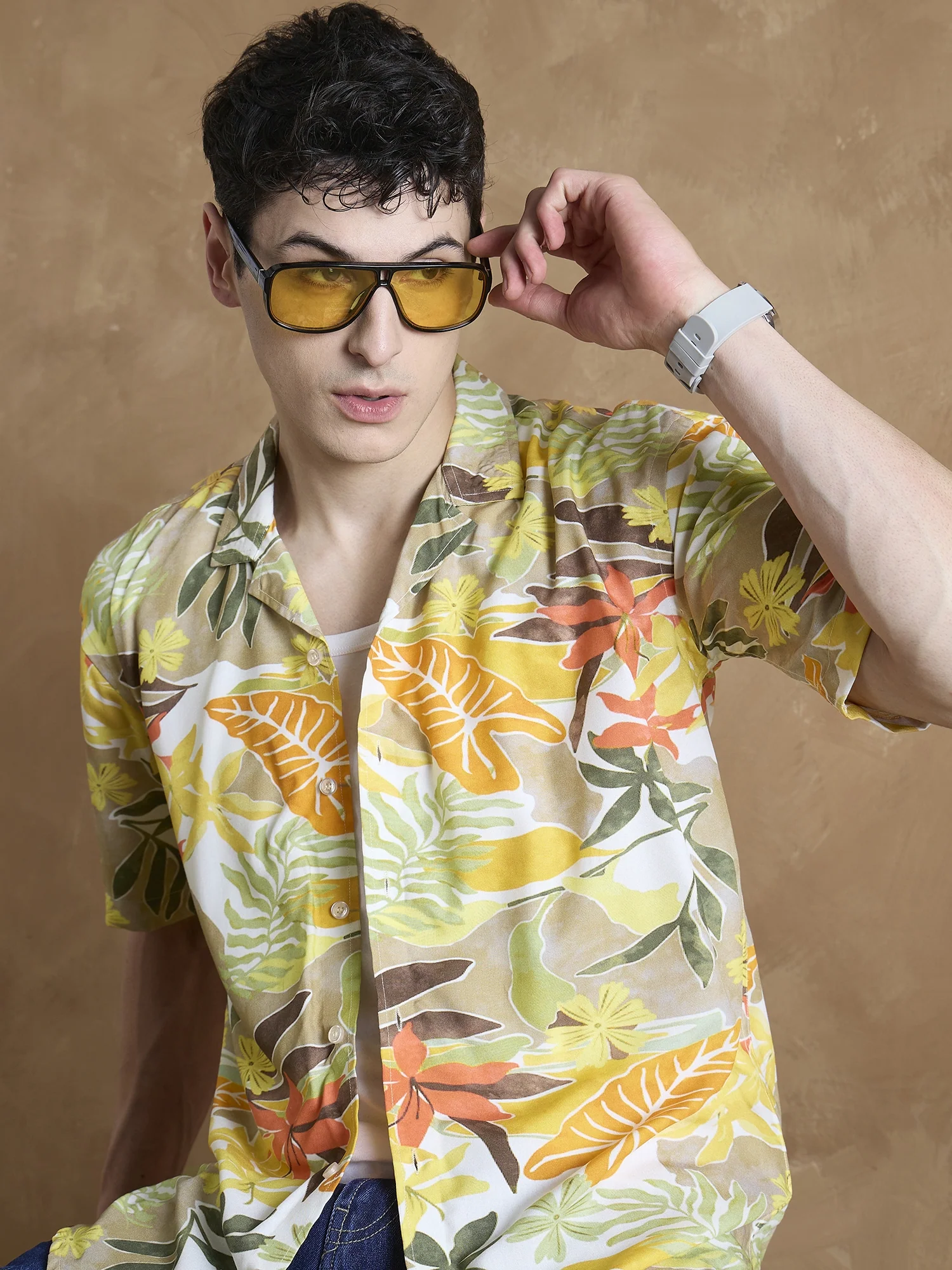 Orange: Half Sleeves Tropical Printed Shirt