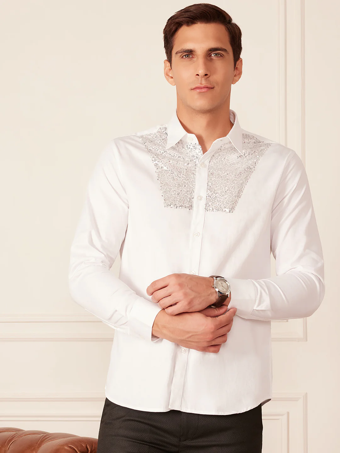 White: Full Sleeves Smart Sequinned Party Shirt