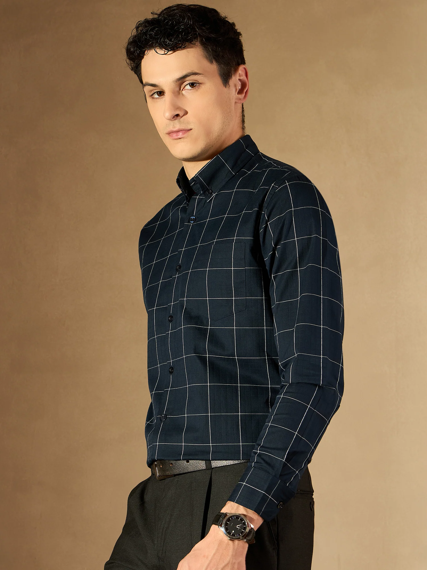 Navy Blue: Full Sleeves Checked Formal Shirt
