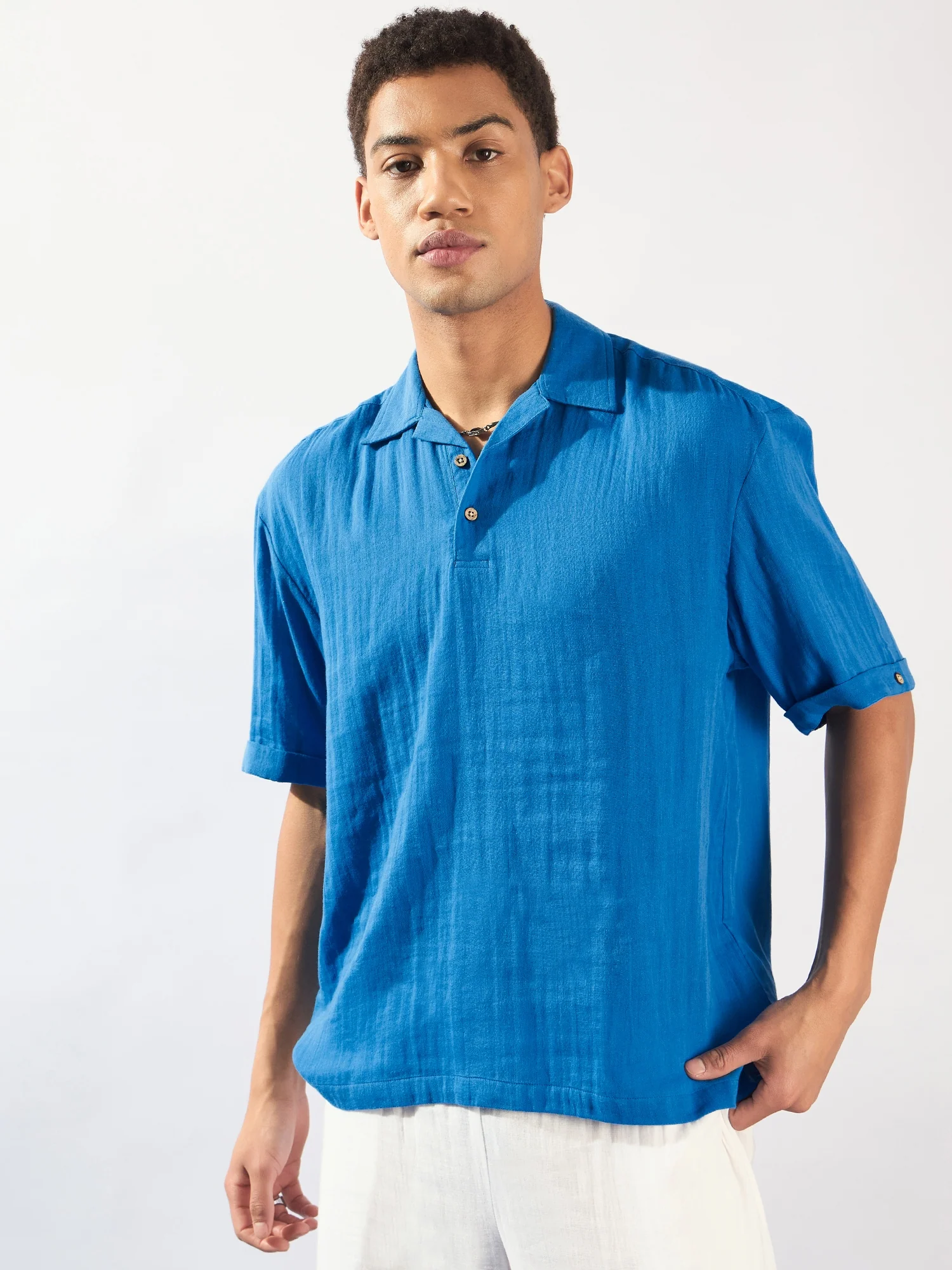 Blue: Half Sleeves Muslin Oversized Kurta Shirt