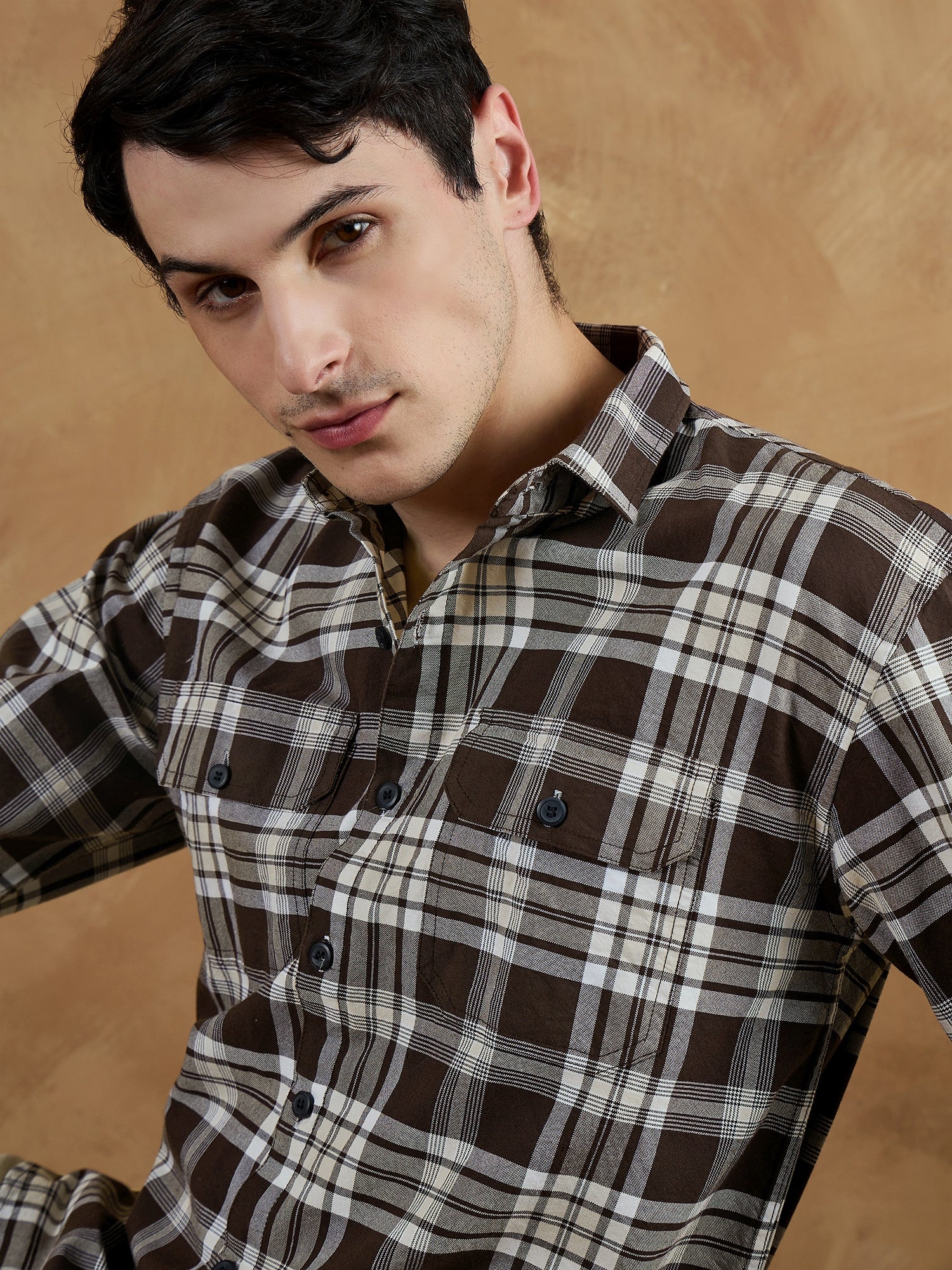 Brown & White: Oversized Checkered Shirt