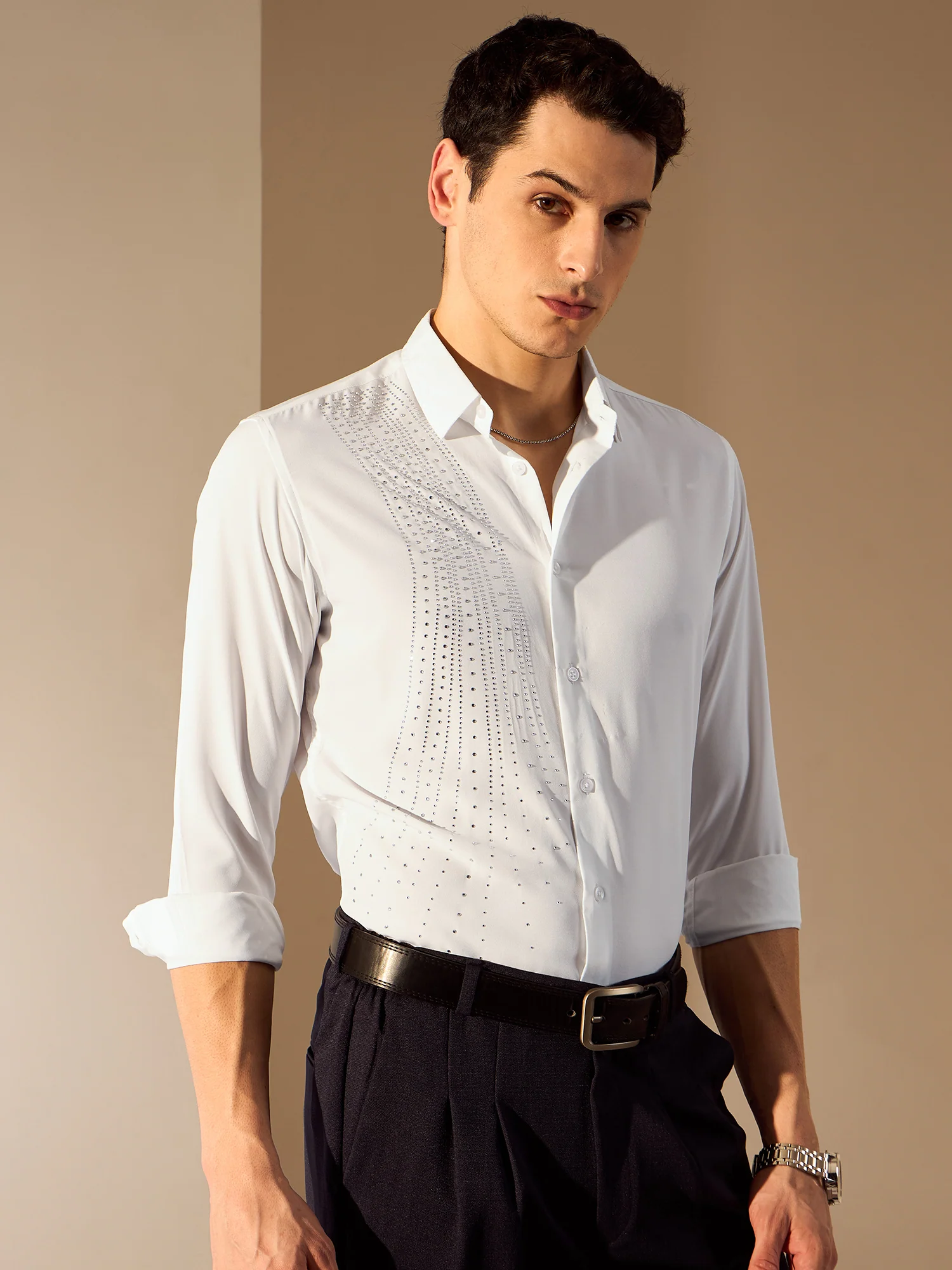 White: Full Sleeves Embellished Party Shirt