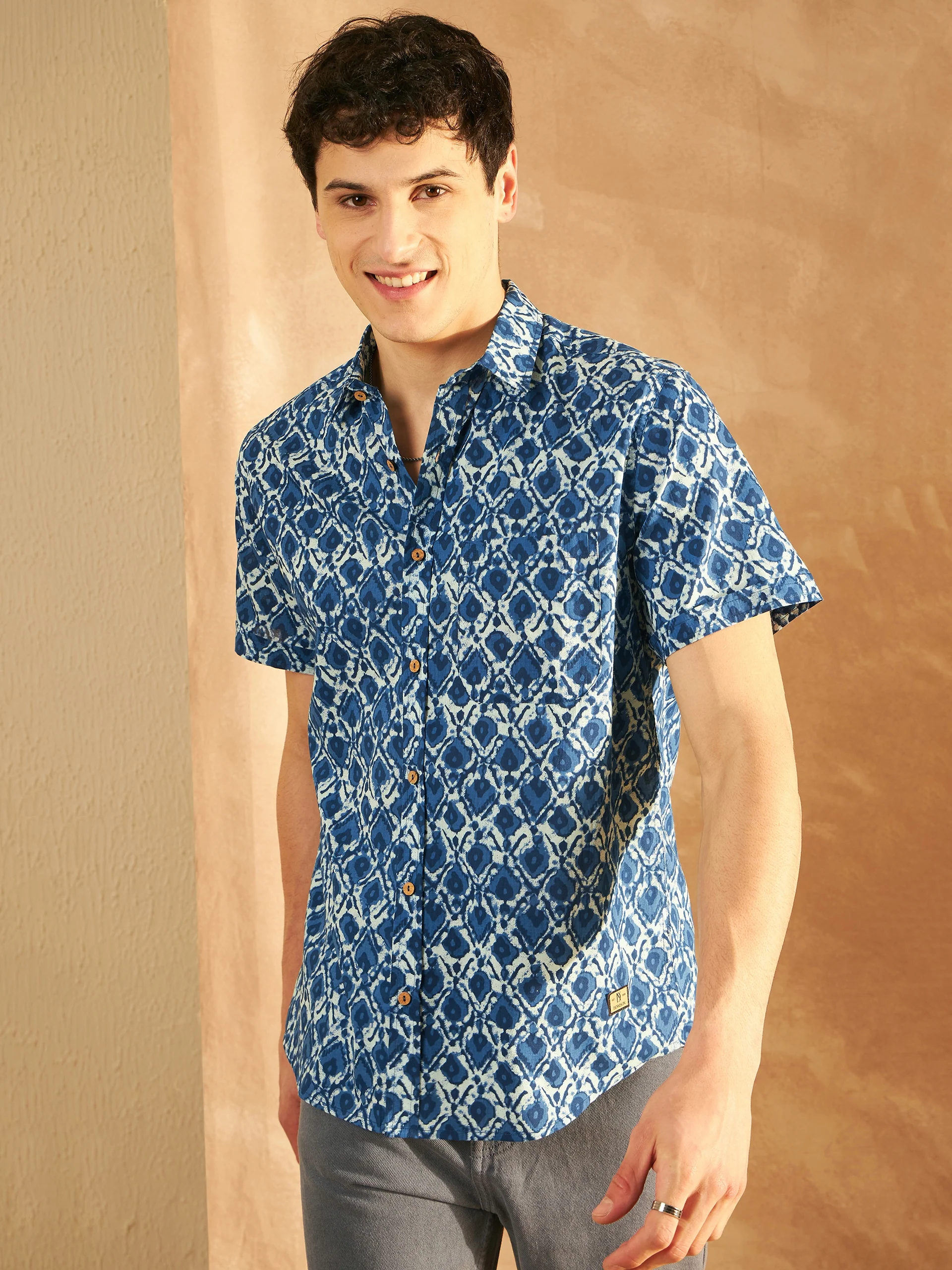 Blue: Half Sleeves Lightweight Block Printed Shirt