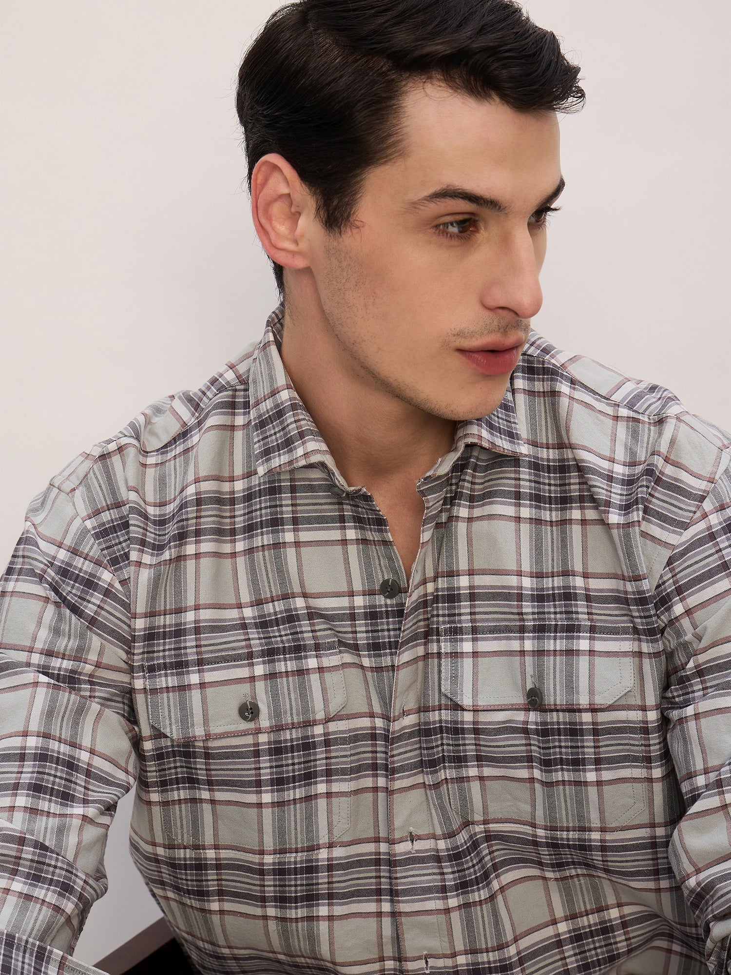 Mint & Grey: Full Sleeves Double Pocket Checkered Shirt