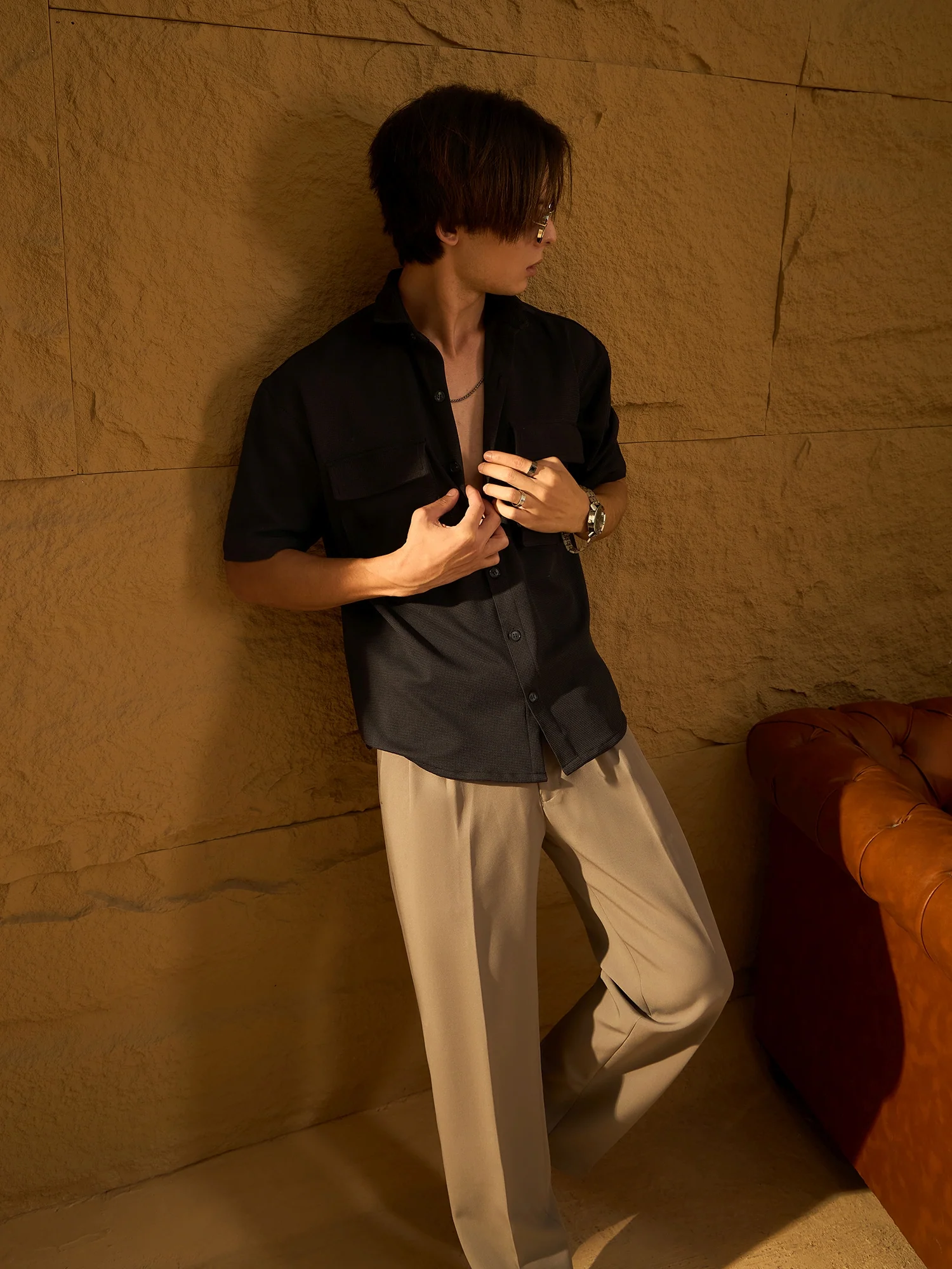 Double Pocket Drop Shoulder Oversized Stretchable Shirt