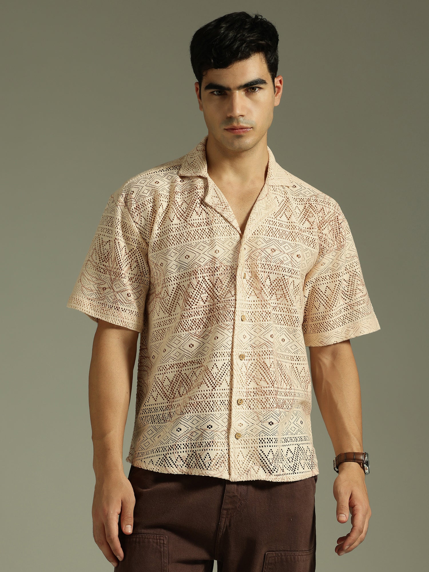 Beige: Half Sleeves Schiffli Semi Sheer Oversized Shirt