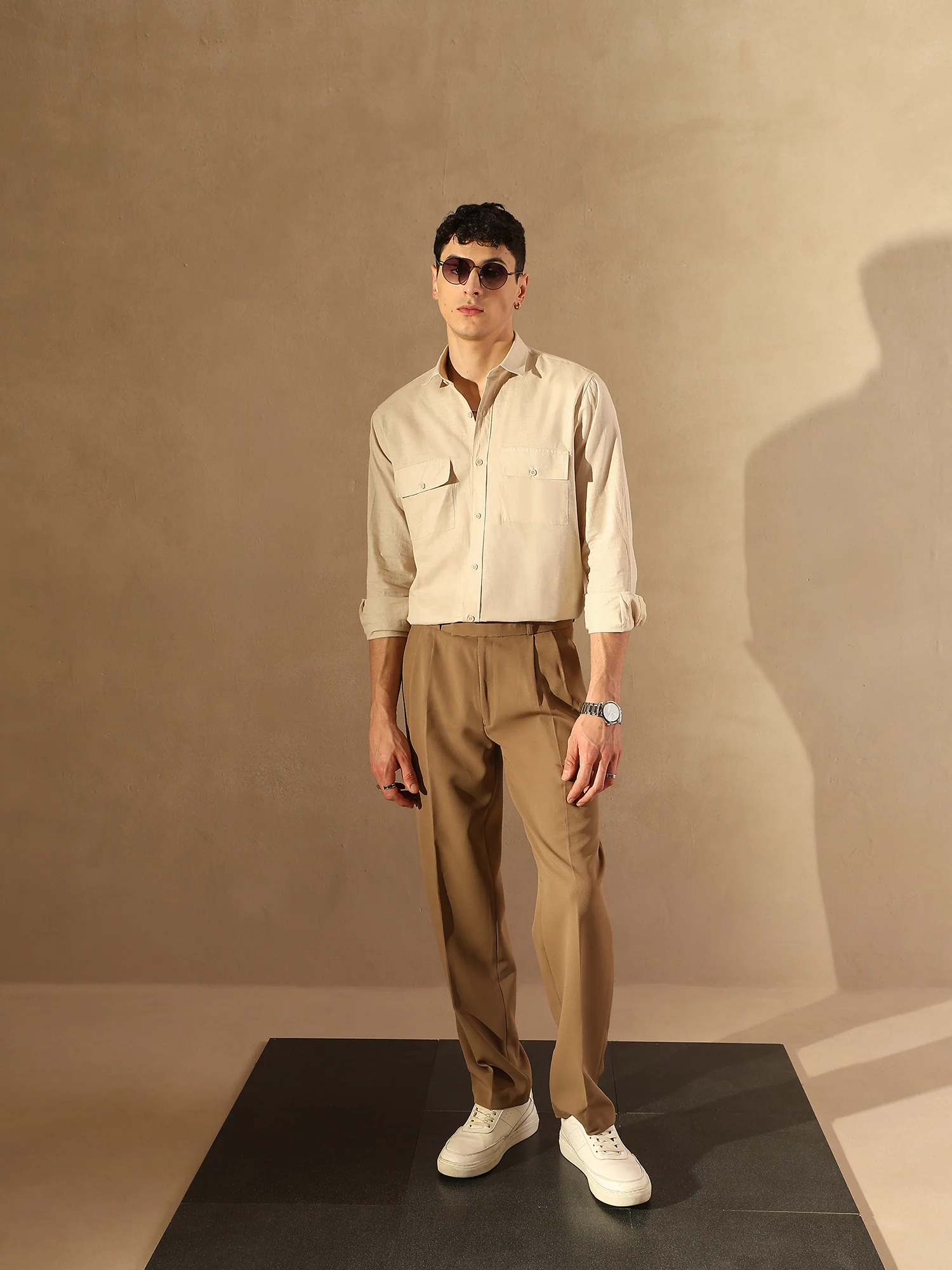 Beige Double Pocket Cotton Linen Shirt