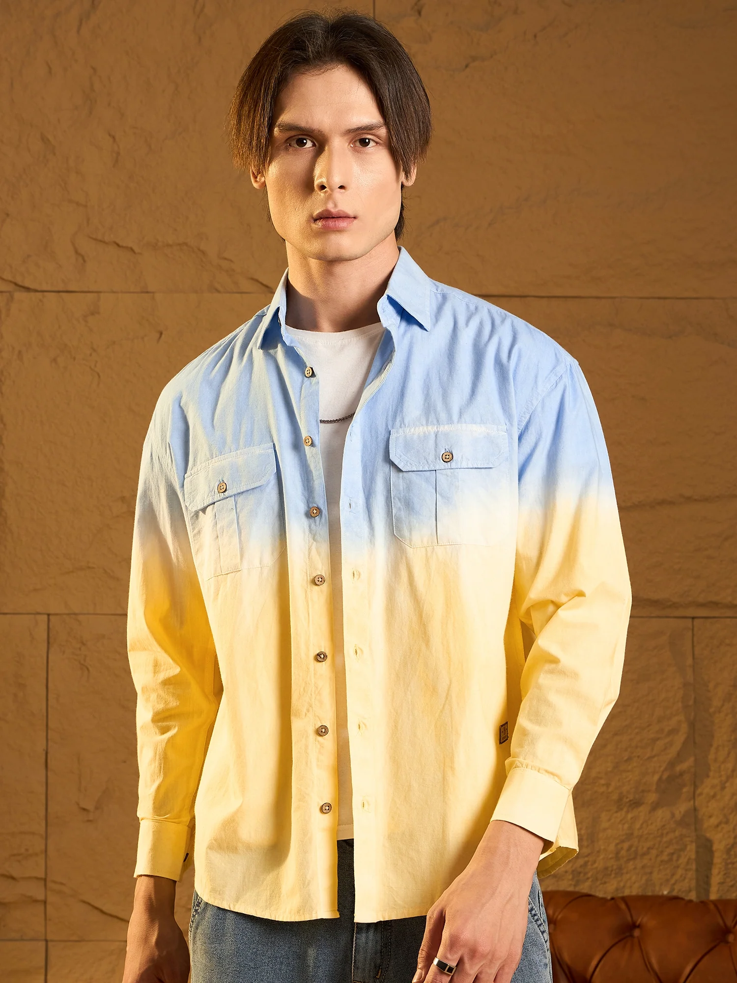 Sky Blue & yellow: Full Sleeves Oversized Ombre Shirt