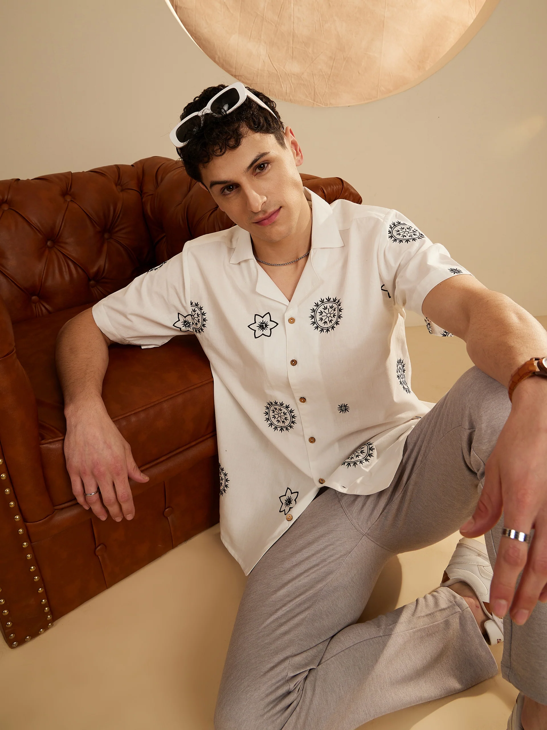 White: Half Sleeves Embroidery Casual Shirt