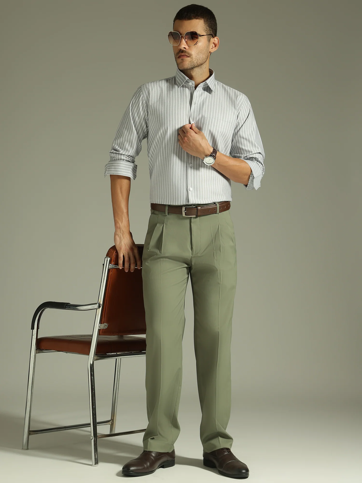 Grey & White: Vertical Stripes Formal Shirt