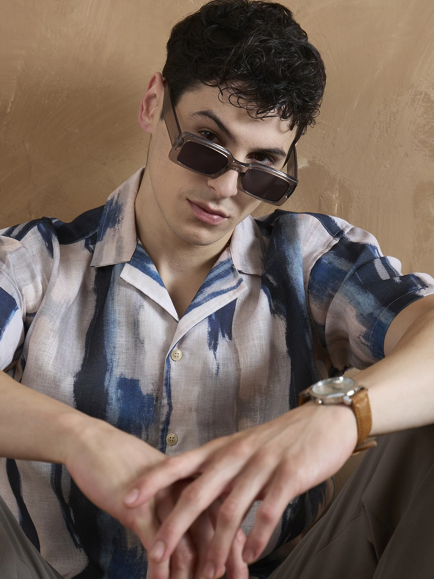 Blue & Cream: Half Sleeves Abstract Printed Shirt