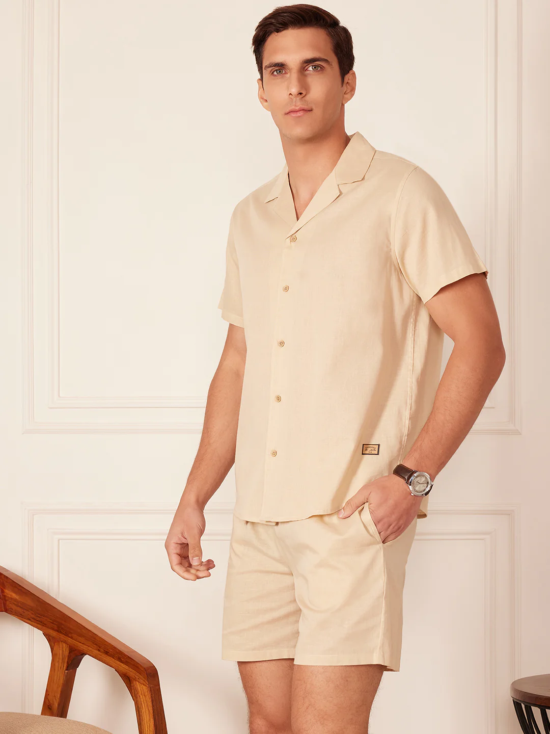 Dennison Solid Cuban Collar Comfort Fit Shirt With Shorts Co-ords
