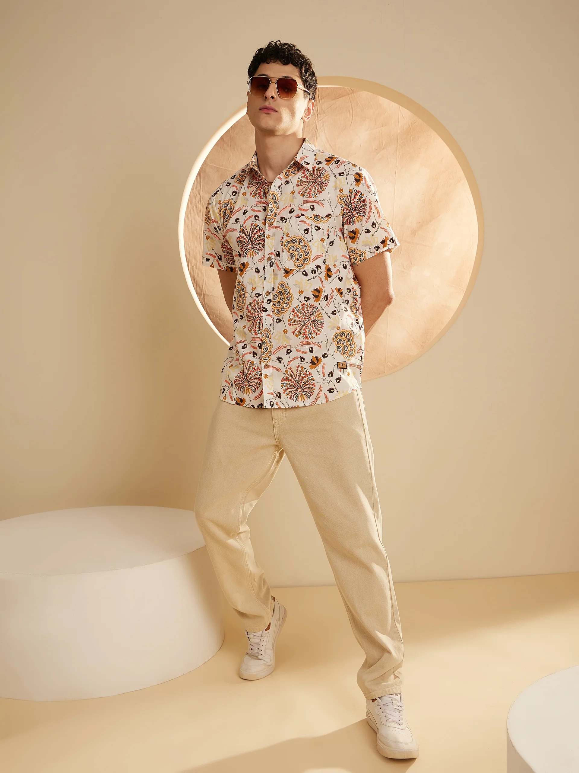 Cream: Half Sleeves Block Printed Shirt