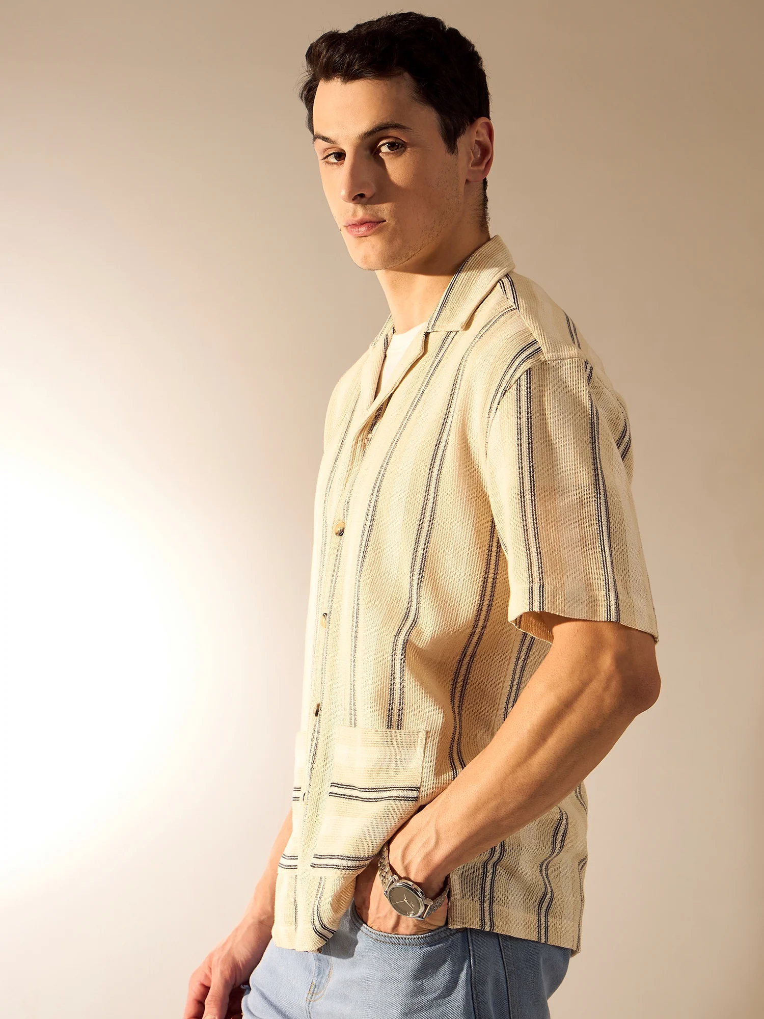 Beige & Black: Half Sleeves Crochet Oversized Striped Shirt