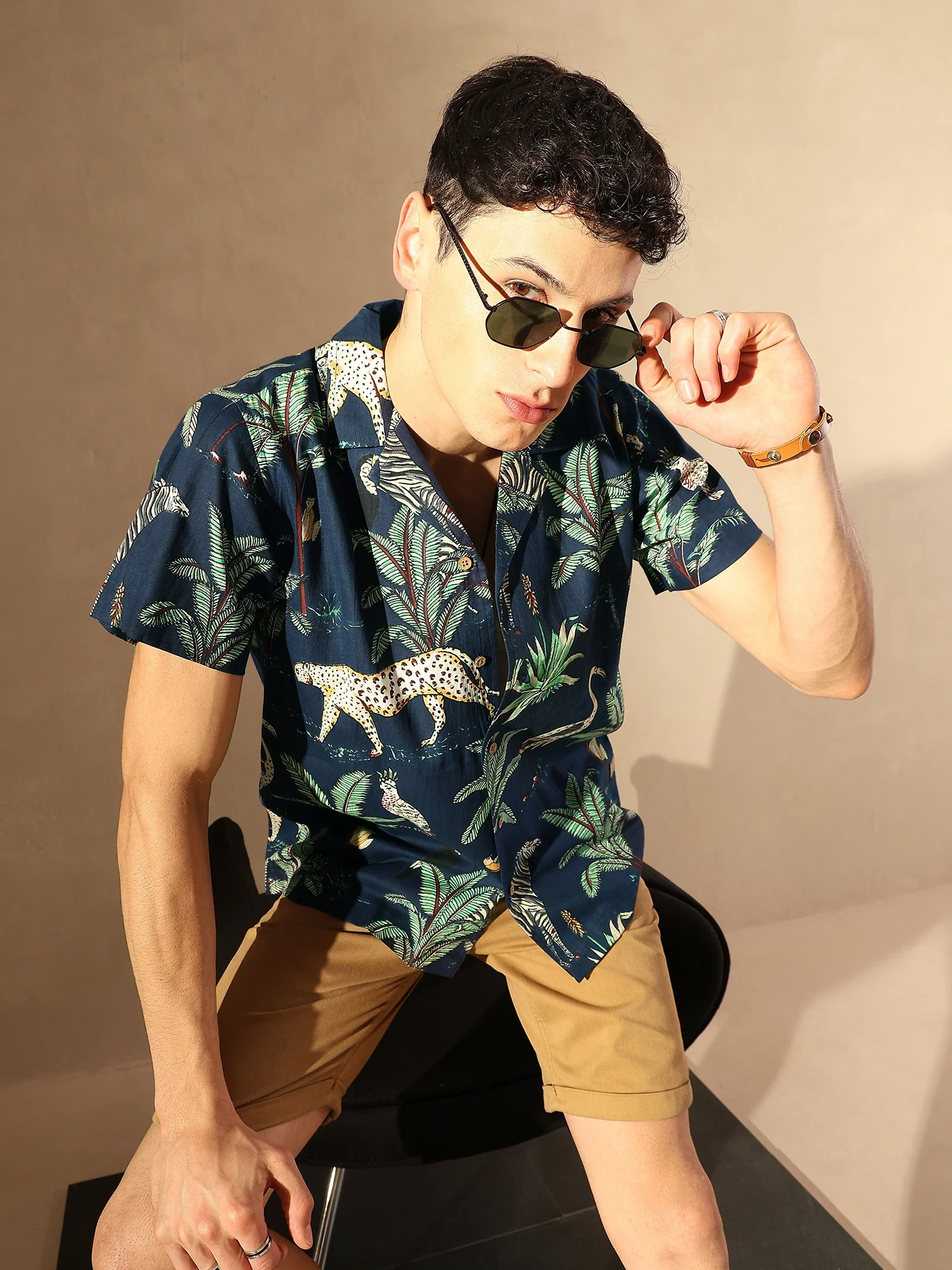 Navy Blue: Half Sleeves Block Printed Shirt