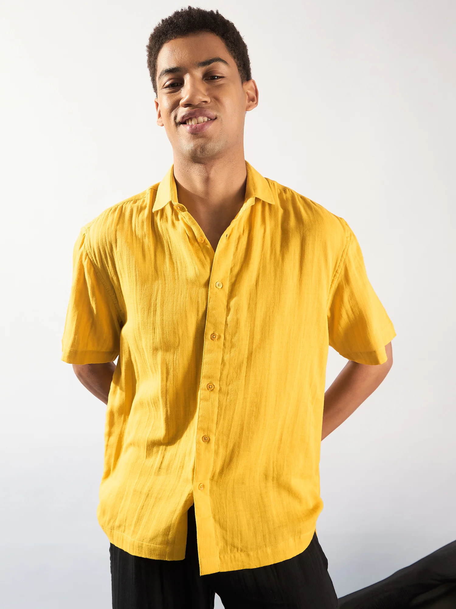 Mustard: Half Sleeves Muslin Oversized Shirt