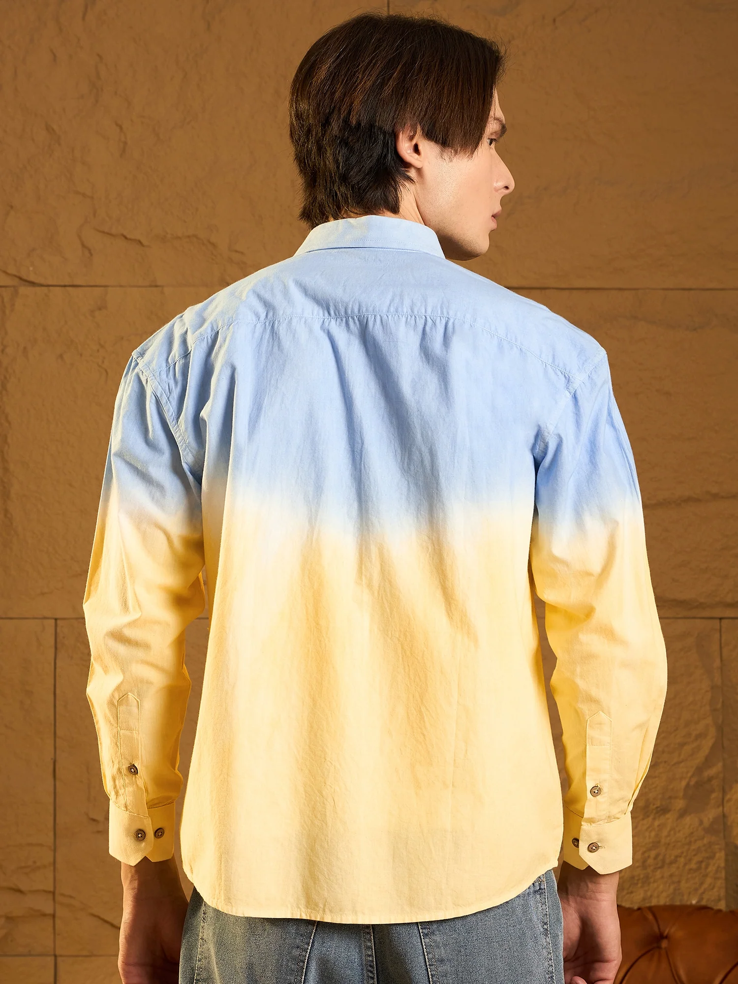 Sky Blue & yellow: Full Sleeves Oversized Ombre Shirt