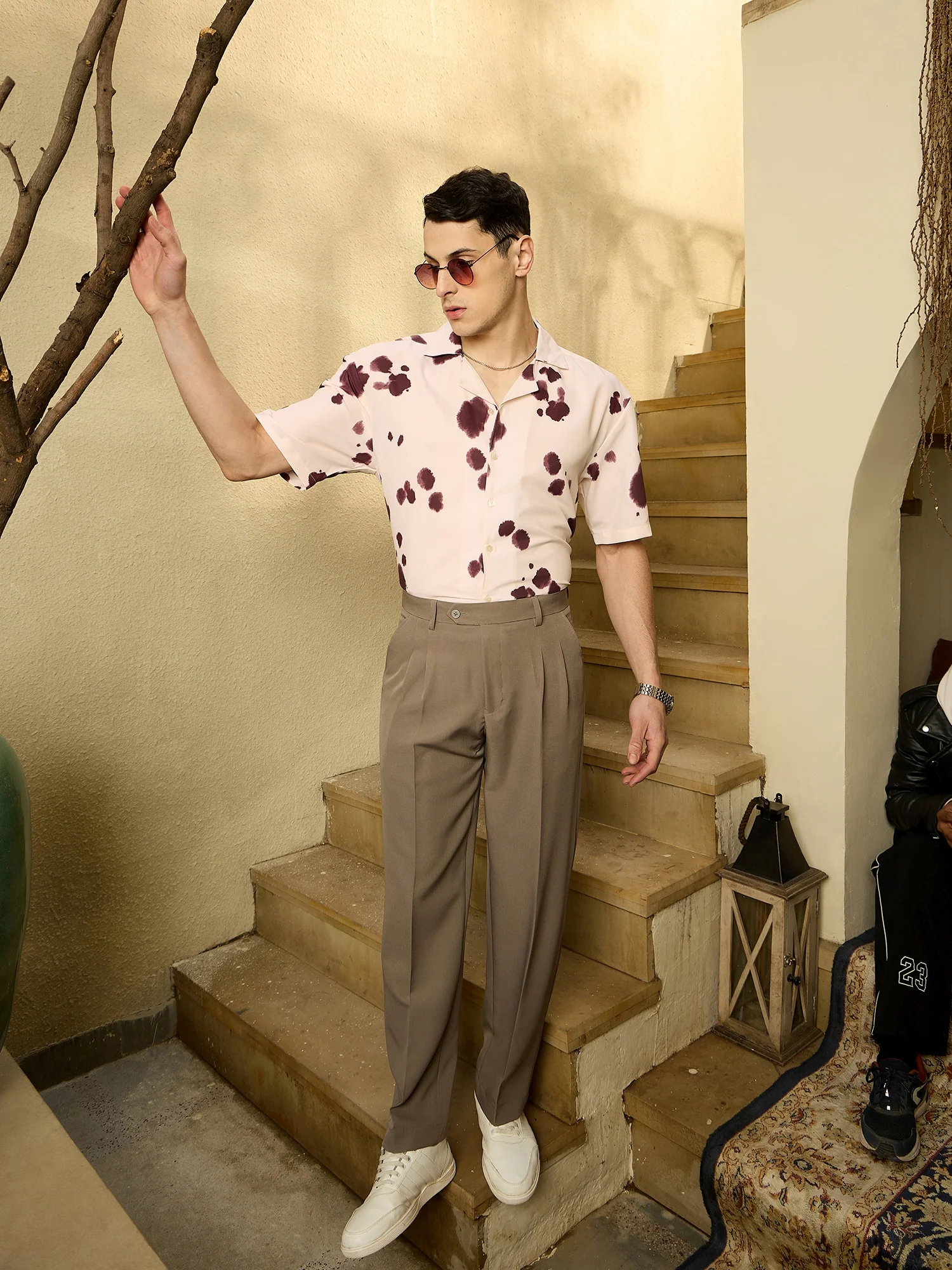 Cream & Purple: Abstract Printed Oversized Shirt