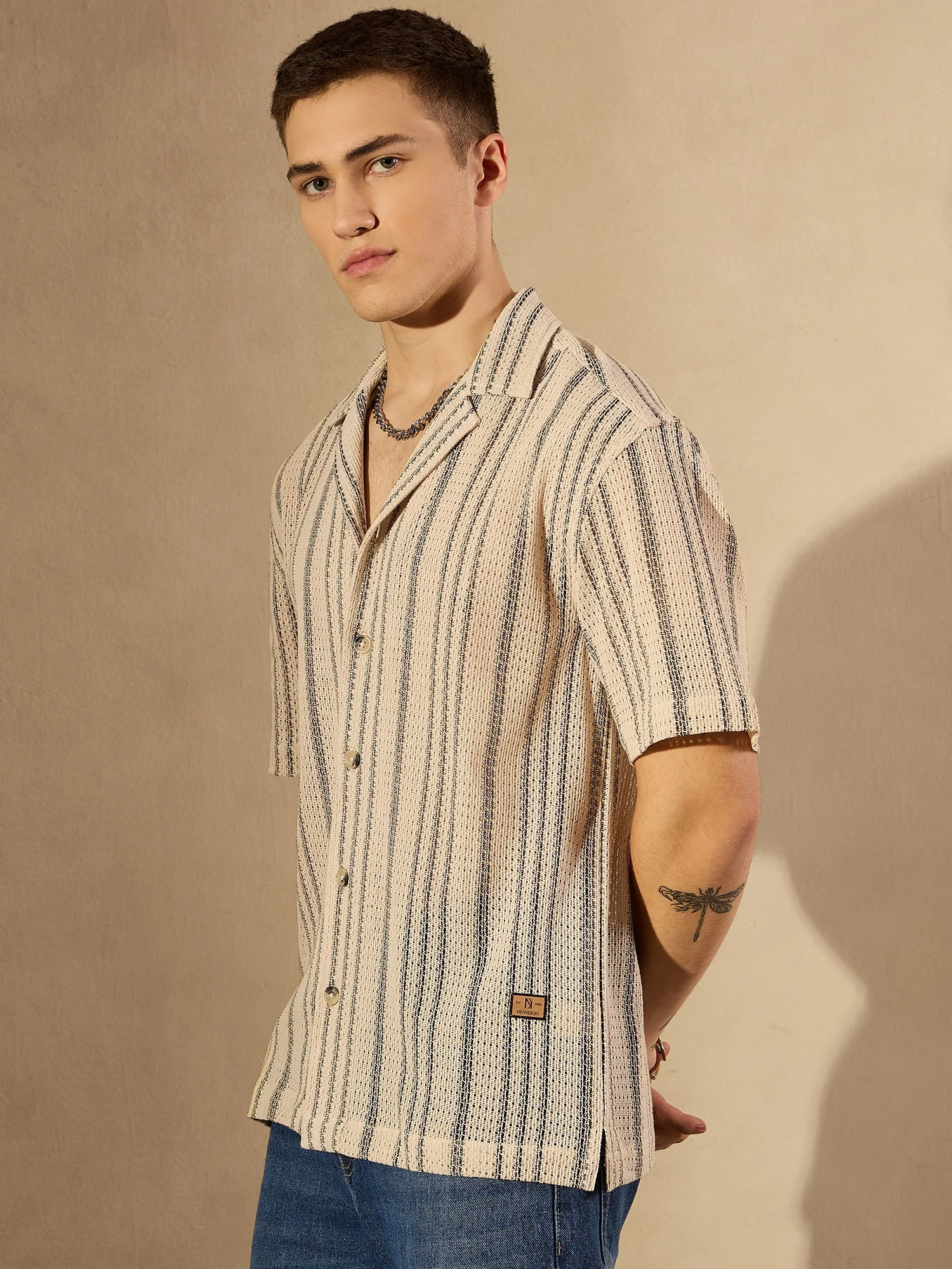 Cream & Black: Half Sleeves Crochet Oversized Striped Shirt