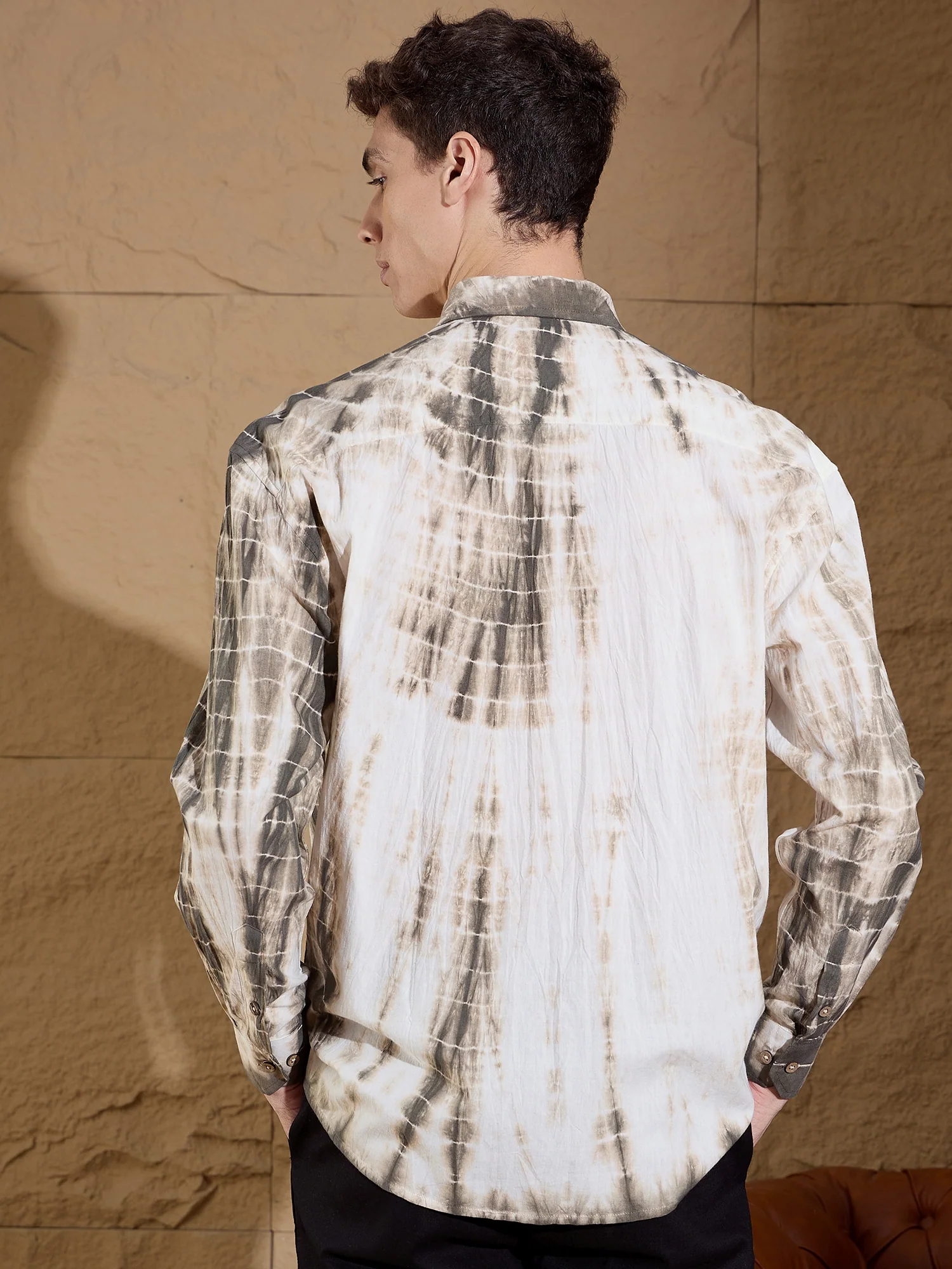 Dull Brown: Full Sleeves Tie & Dyed Oversized Shirt