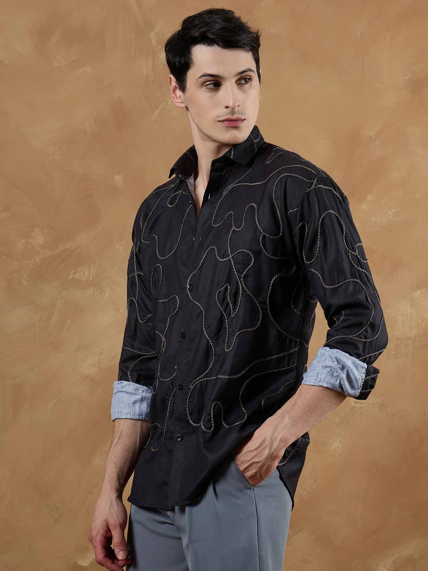 Black & Grey: Full Sleeves Embroidered Shirt