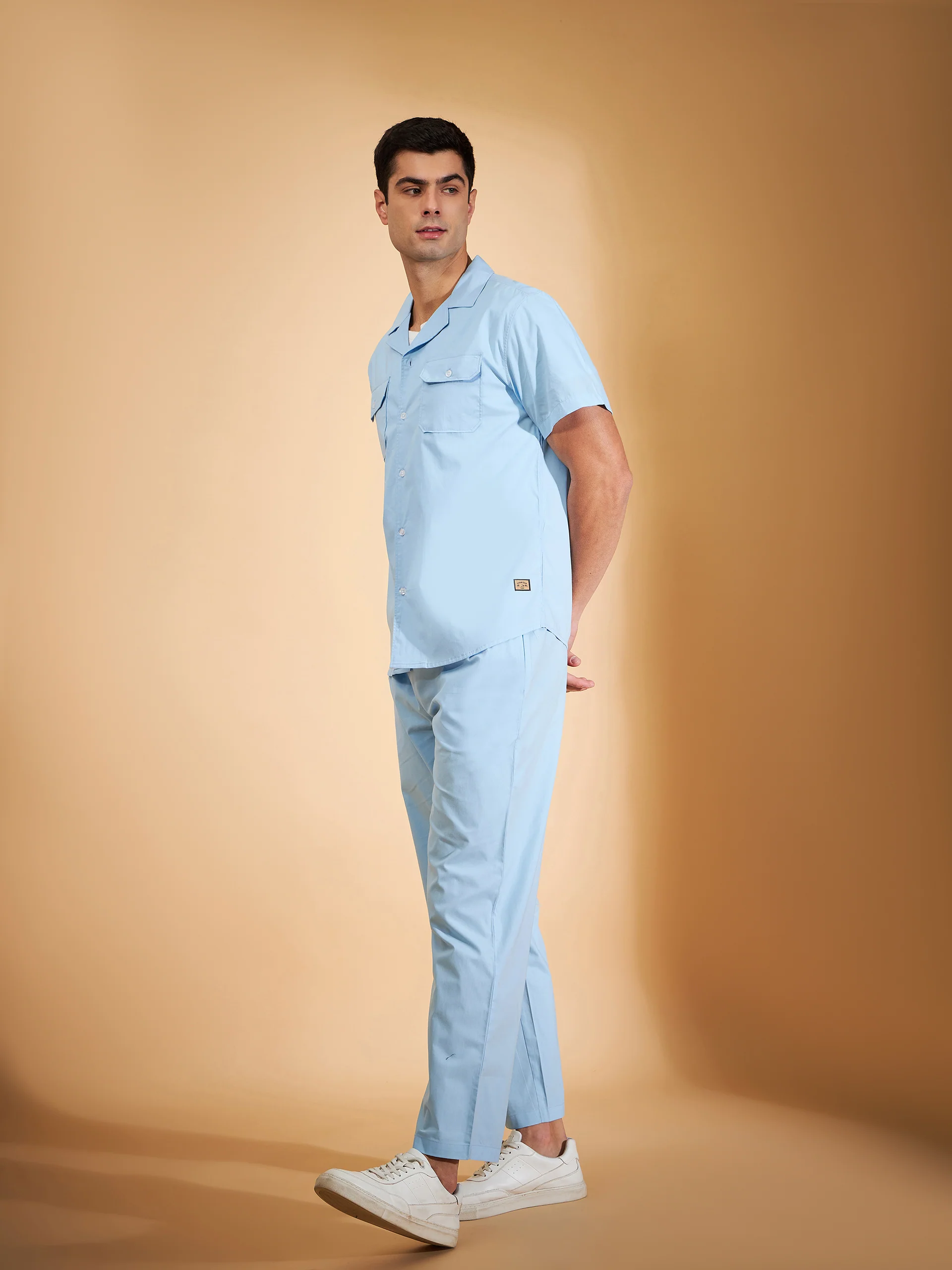 DENNISON Men Sky Blue Coord Set | Solid Shirt With Straight Fit Pant