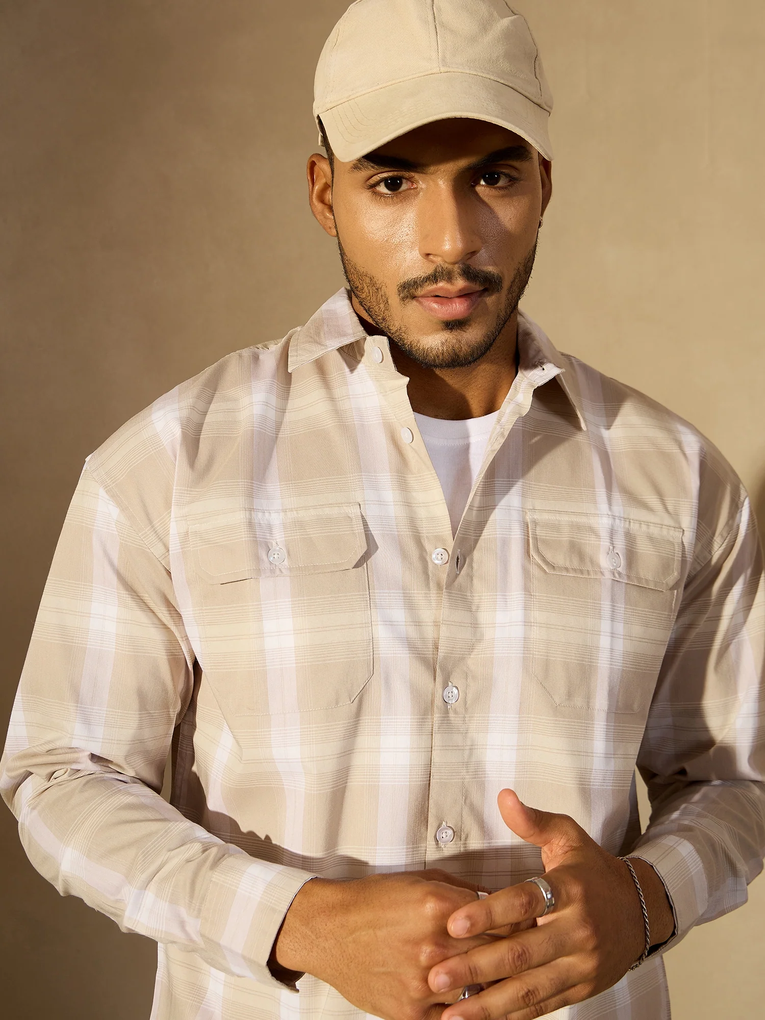 Beige: Full Sleeves Checked Casual Shirt