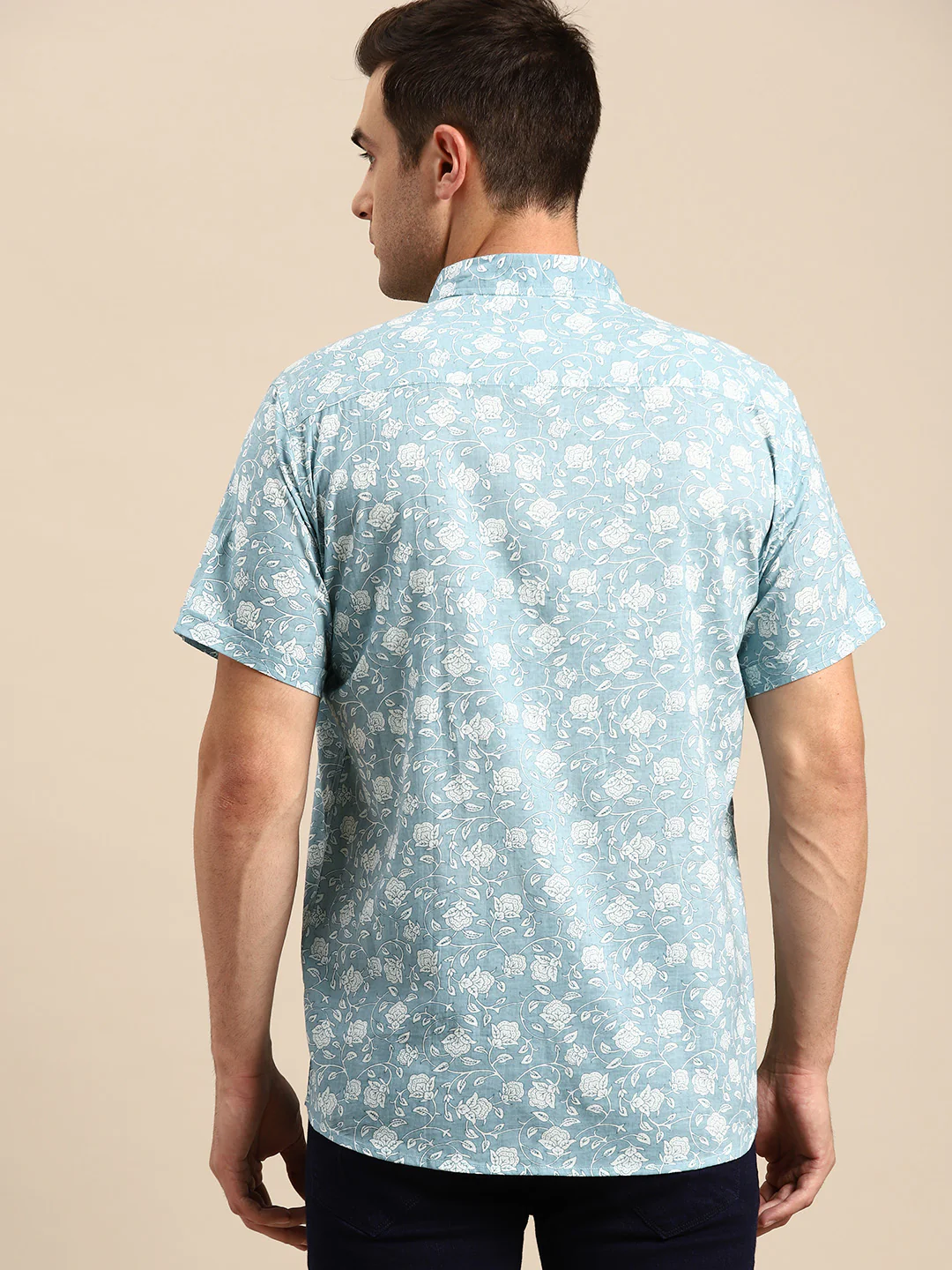 Turquoise Blue: Half Sleeves Block Printed Shirt