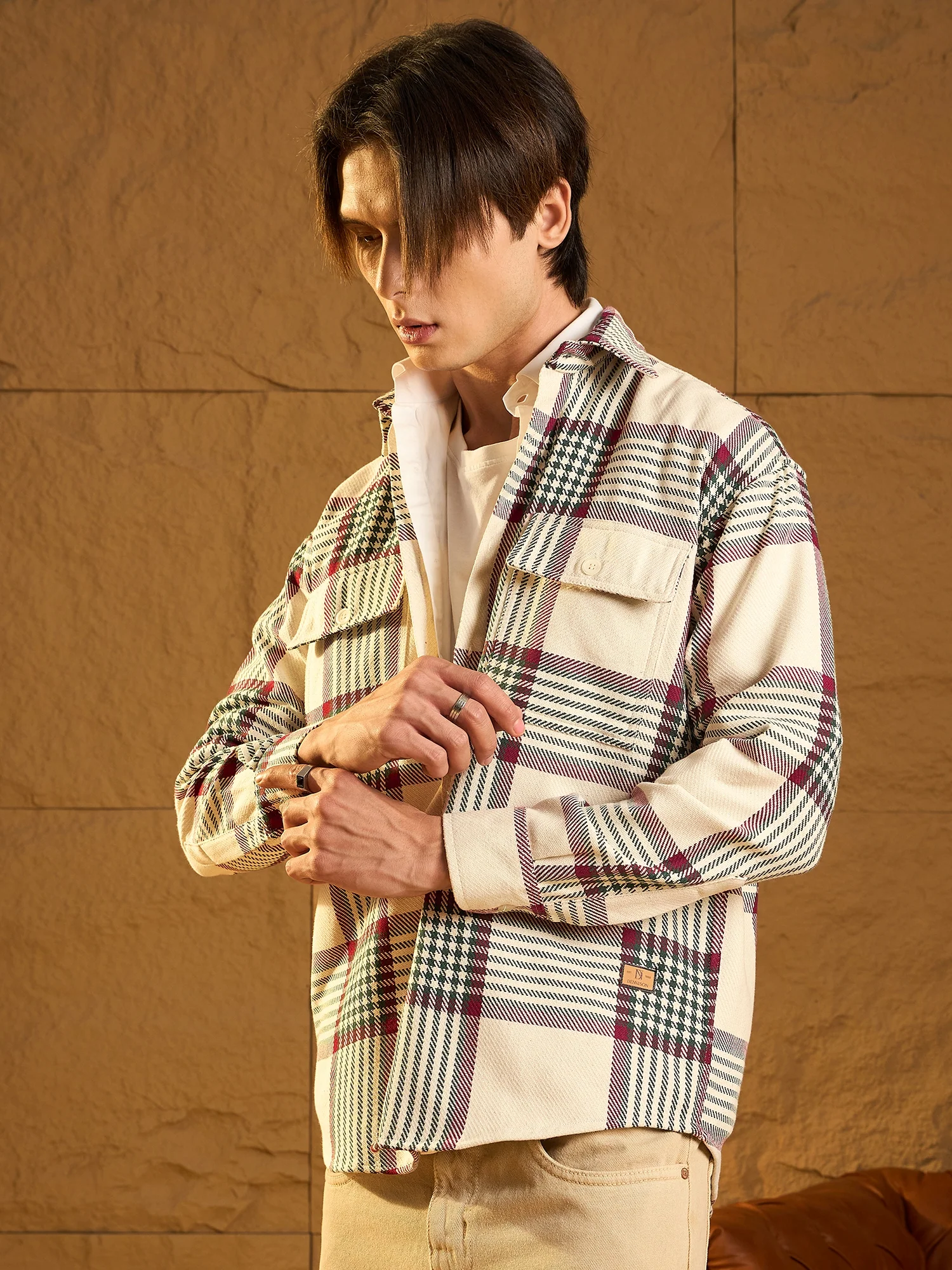 Off White & Green: Checked Oversized Cotton Shacket