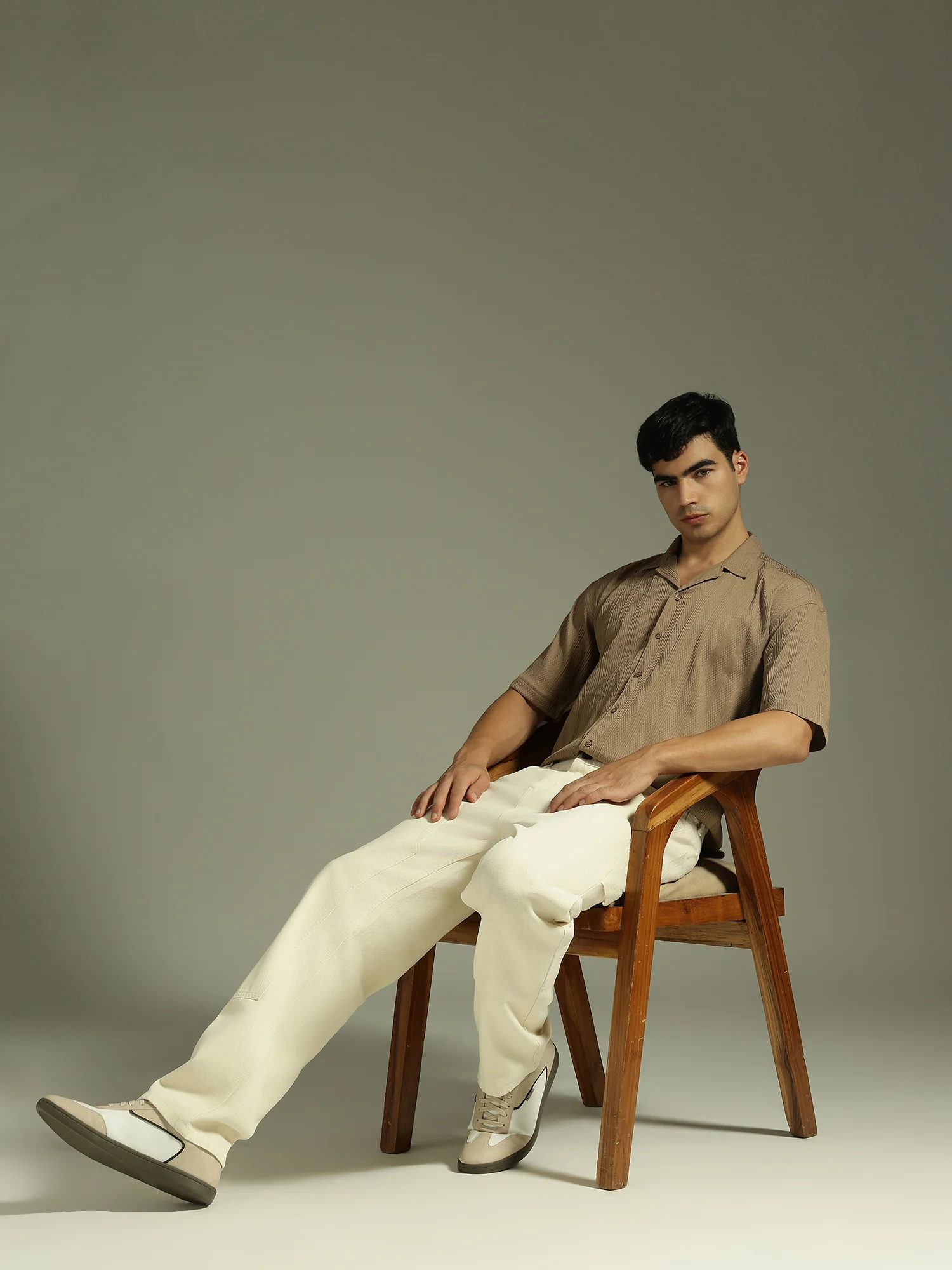 Light Brown: Self Design Oversized Casual Shirt