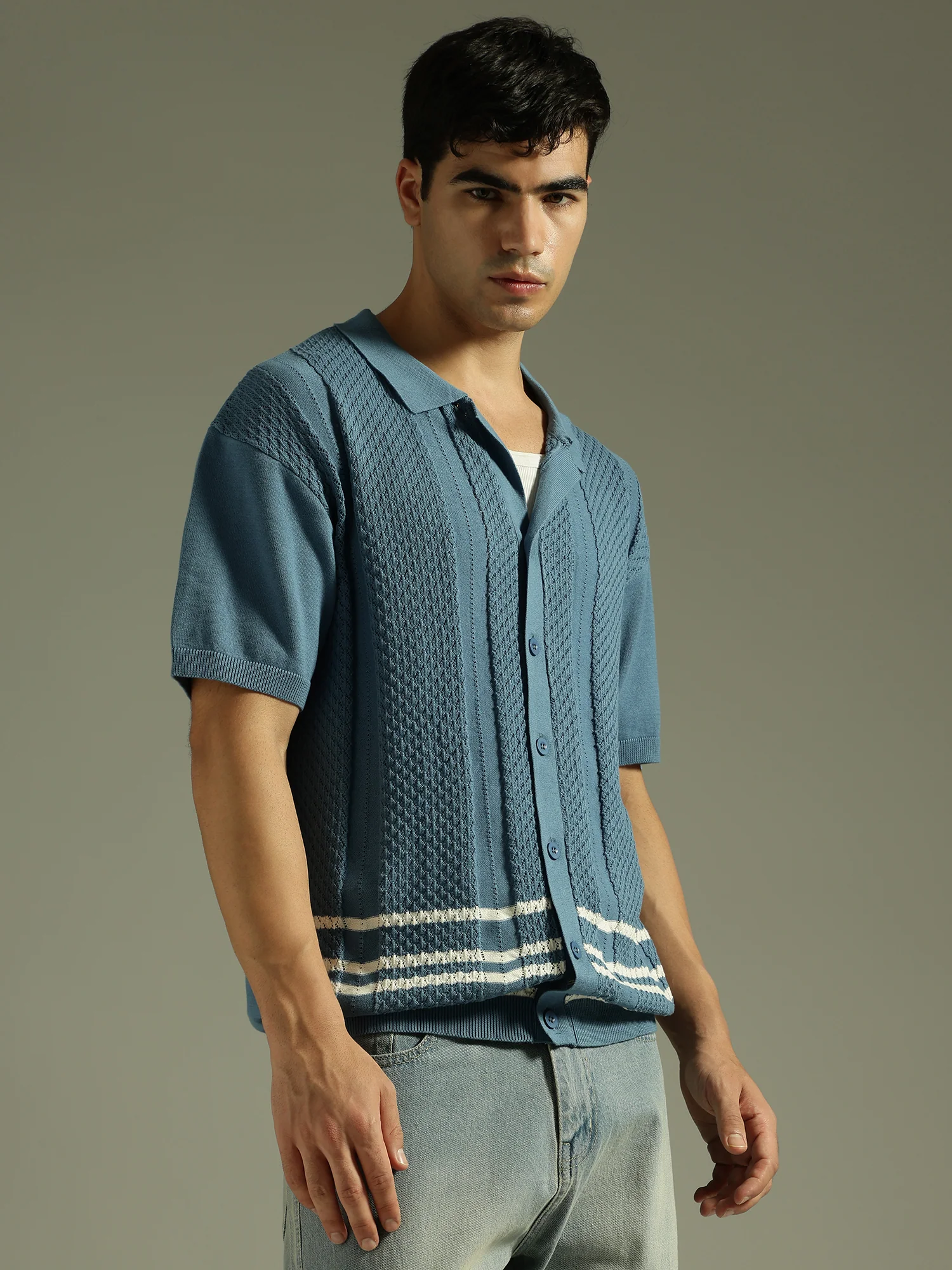 Steel Blue and White: Textured Front Open Knit Shirt