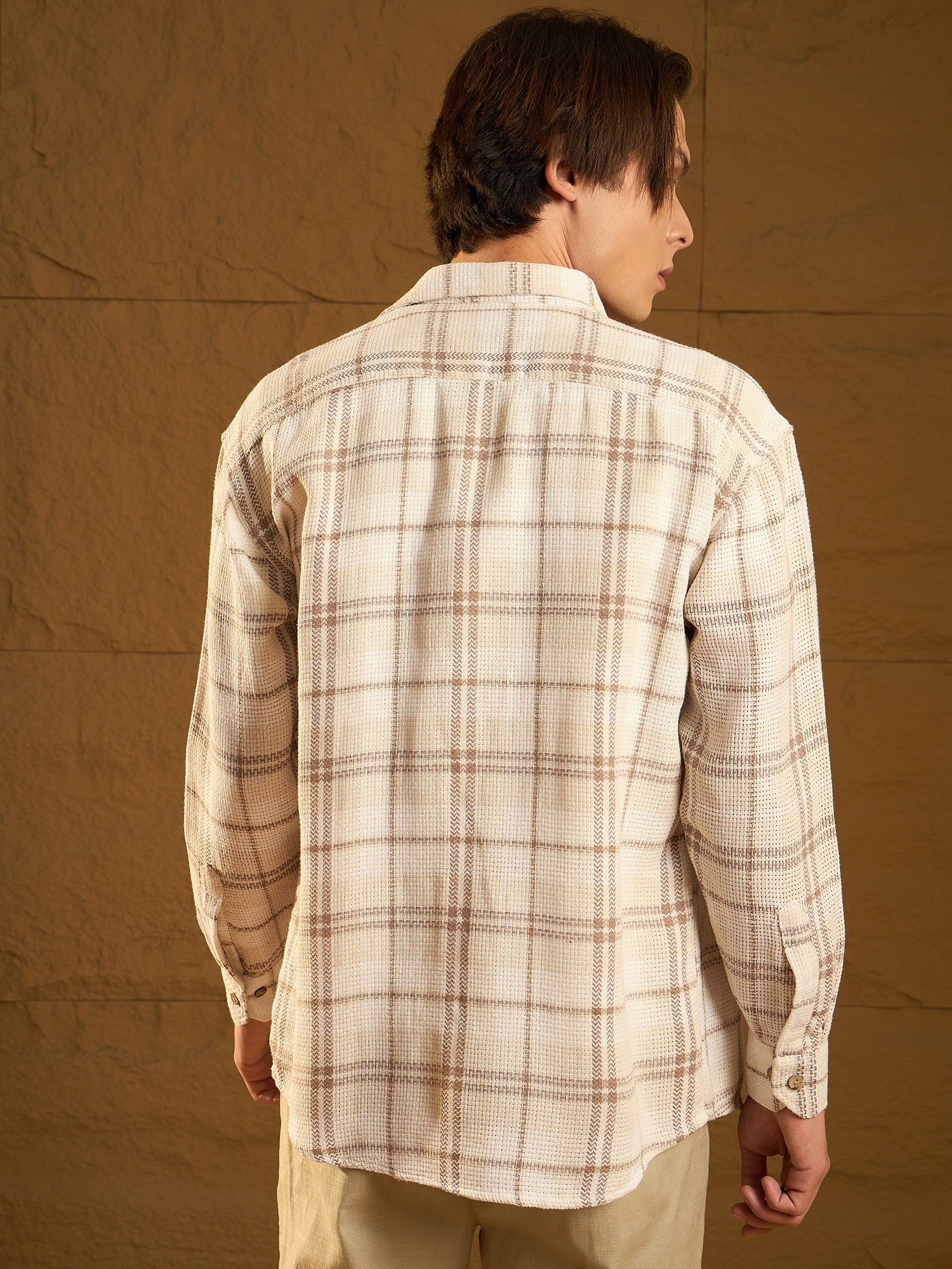 Light Brown: Full Sleeves Windowpane Checked Shirt
