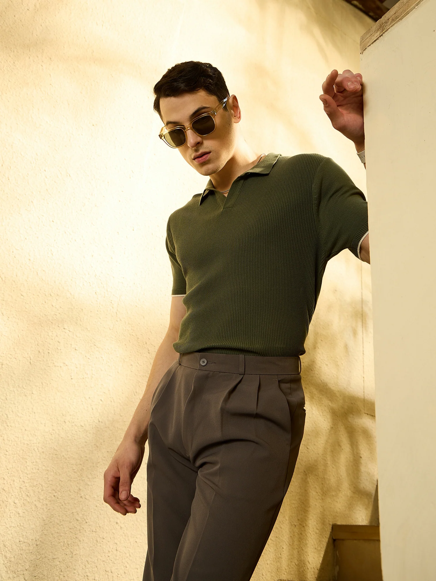 Olive: Relaxed Textured Polo T-Shirt