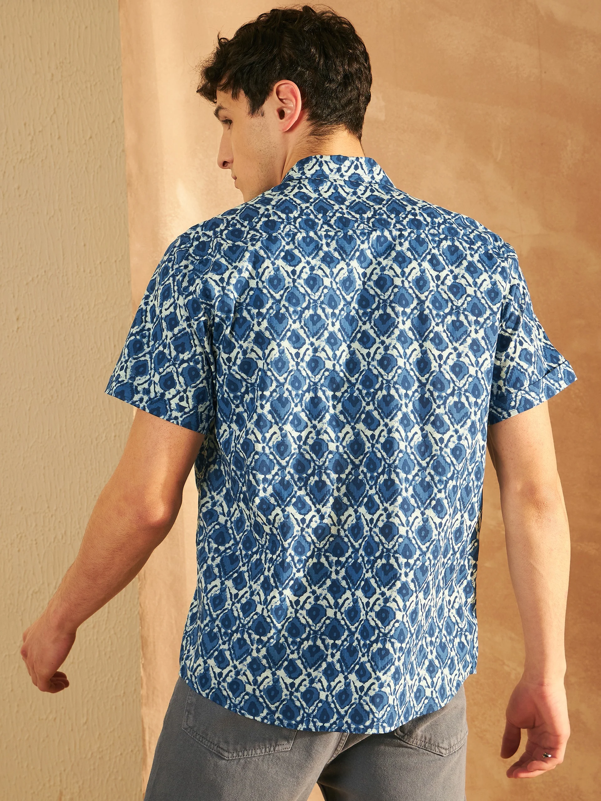 Blue: Half Sleeves Lightweight Block Printed Shirt