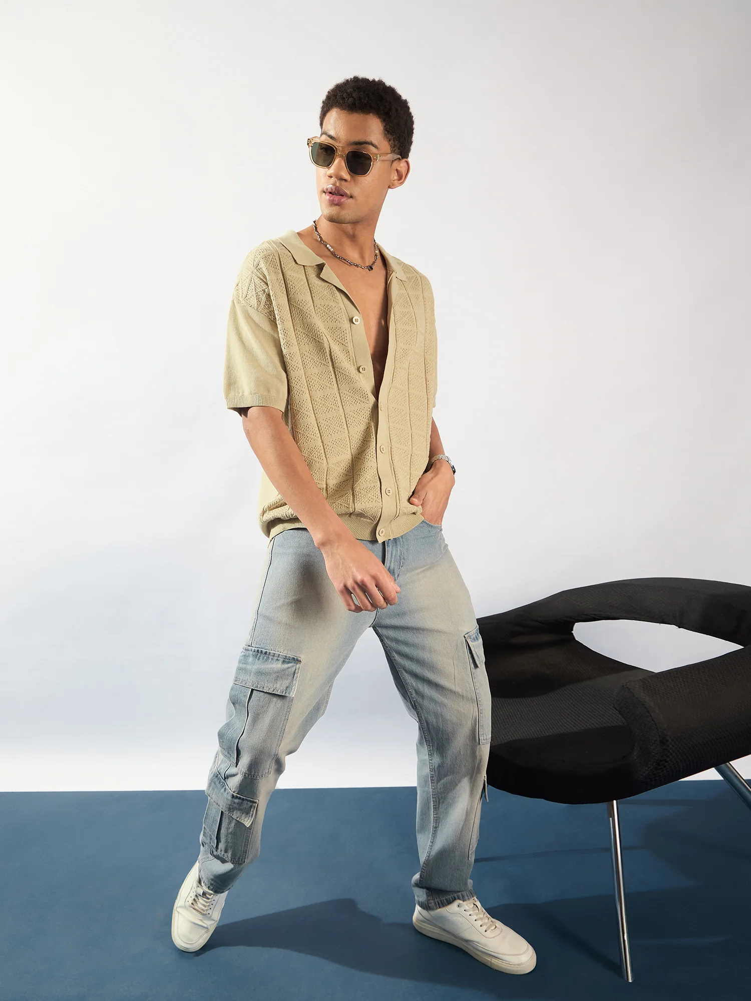Beige: Textured Front Open Knit Shirt