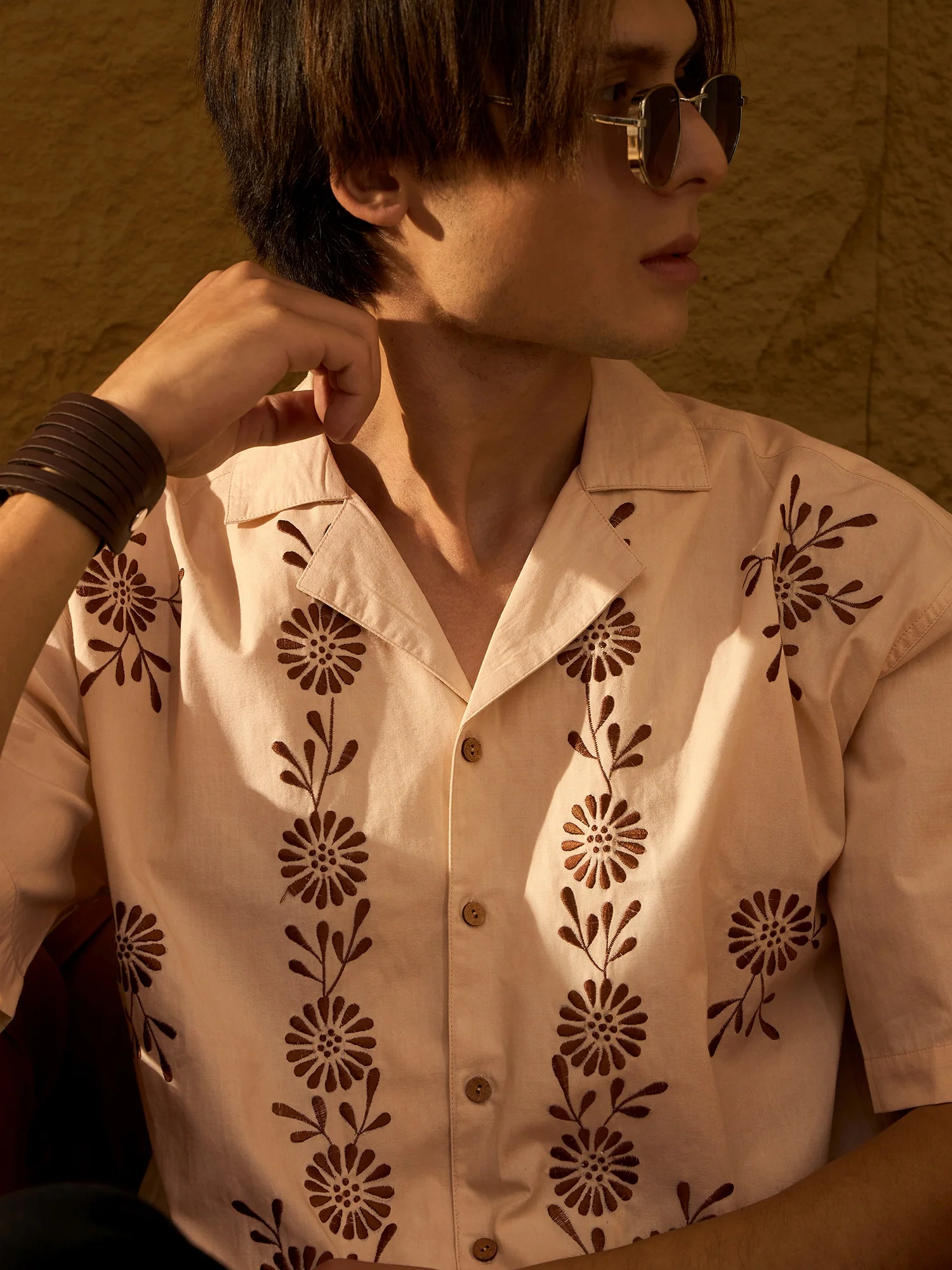 Beige: Half Sleeves Floral Embroidery Shirt