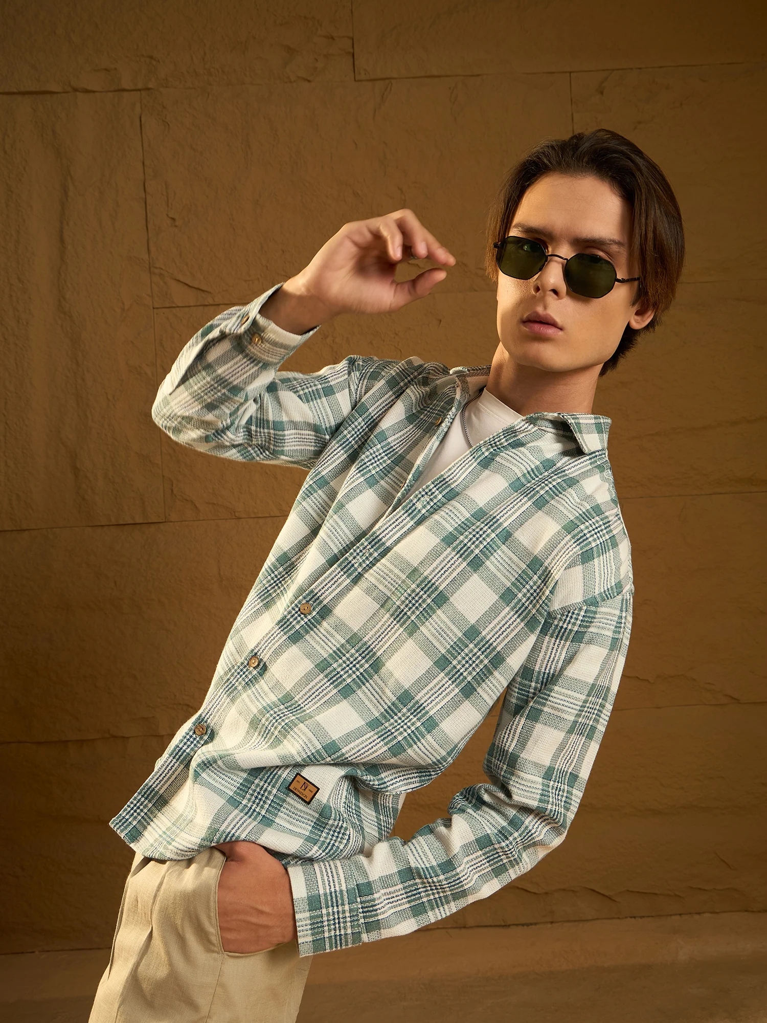 Green: Full Sleeves Windowpane Checked Shirt